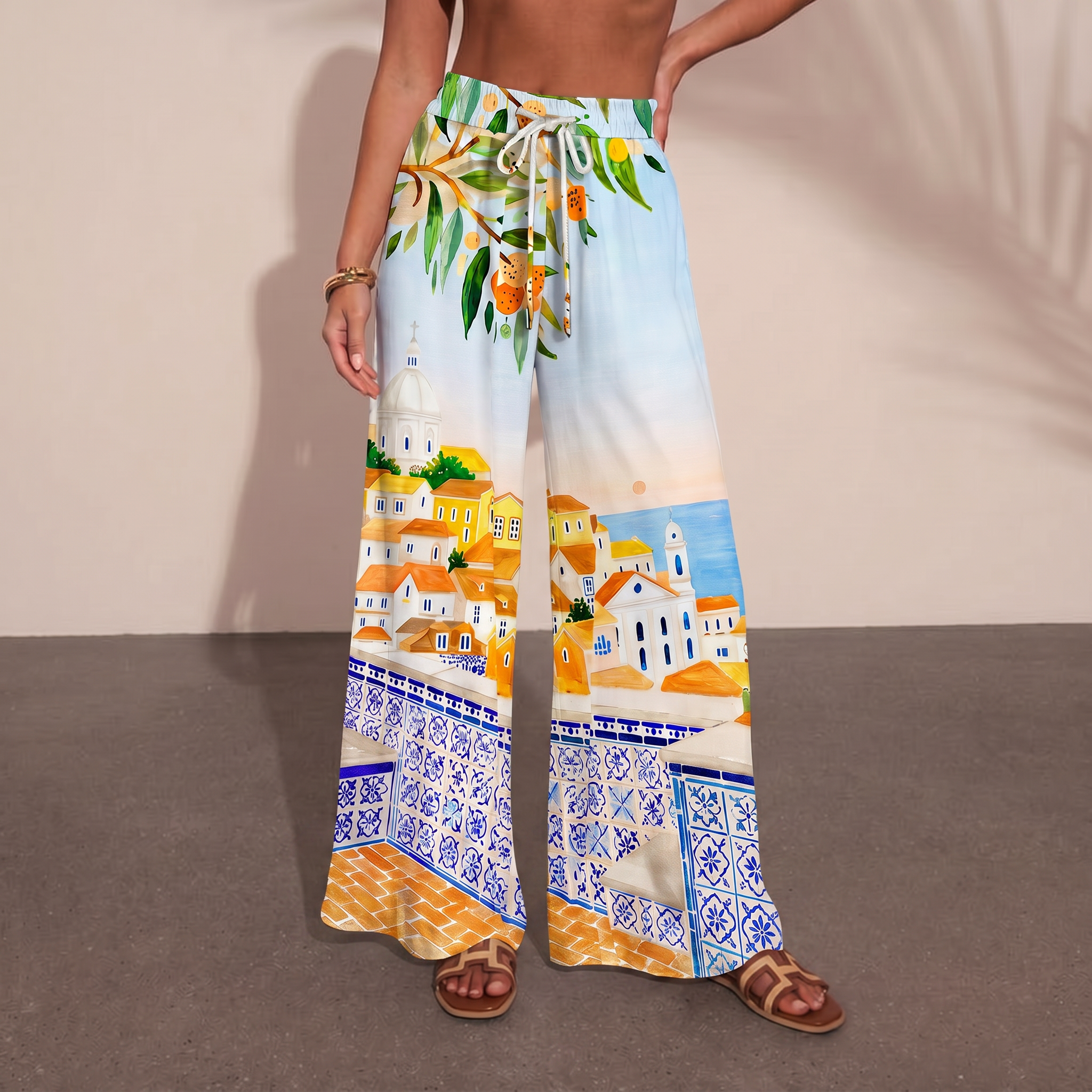 Lisbon Cityscape Wide Leg Tie Waist Pants With Pockets