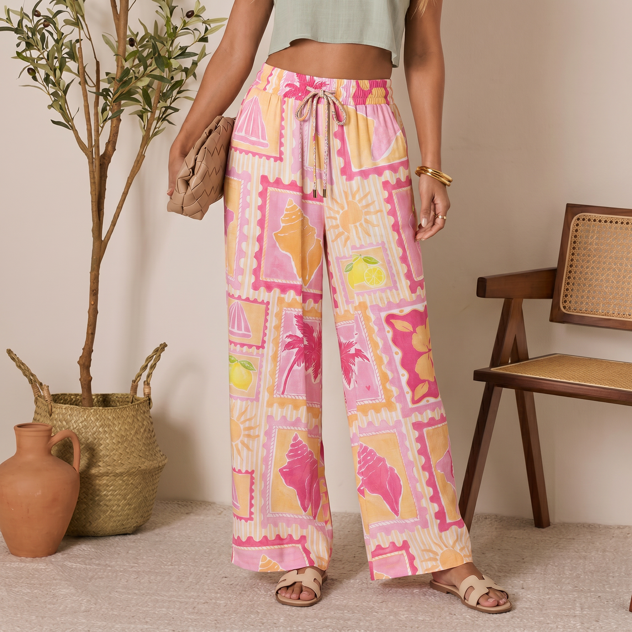 Coral Beach Postcard Wide Leg Tie Waist Pants With Pockets