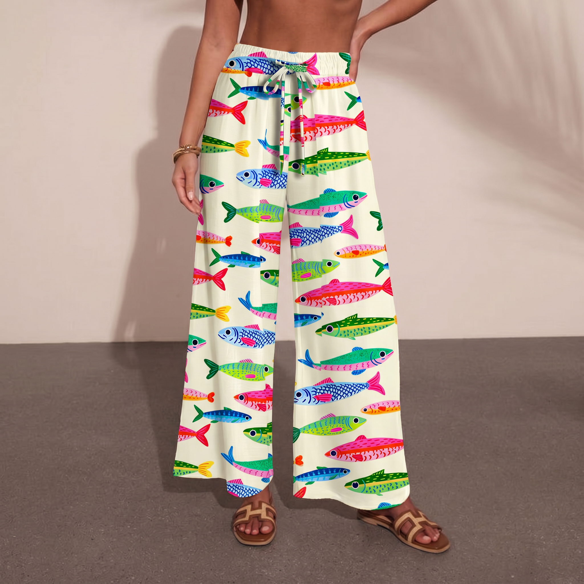 Bright Sardine Wide Leg Tie Waist Pants With Pockets
