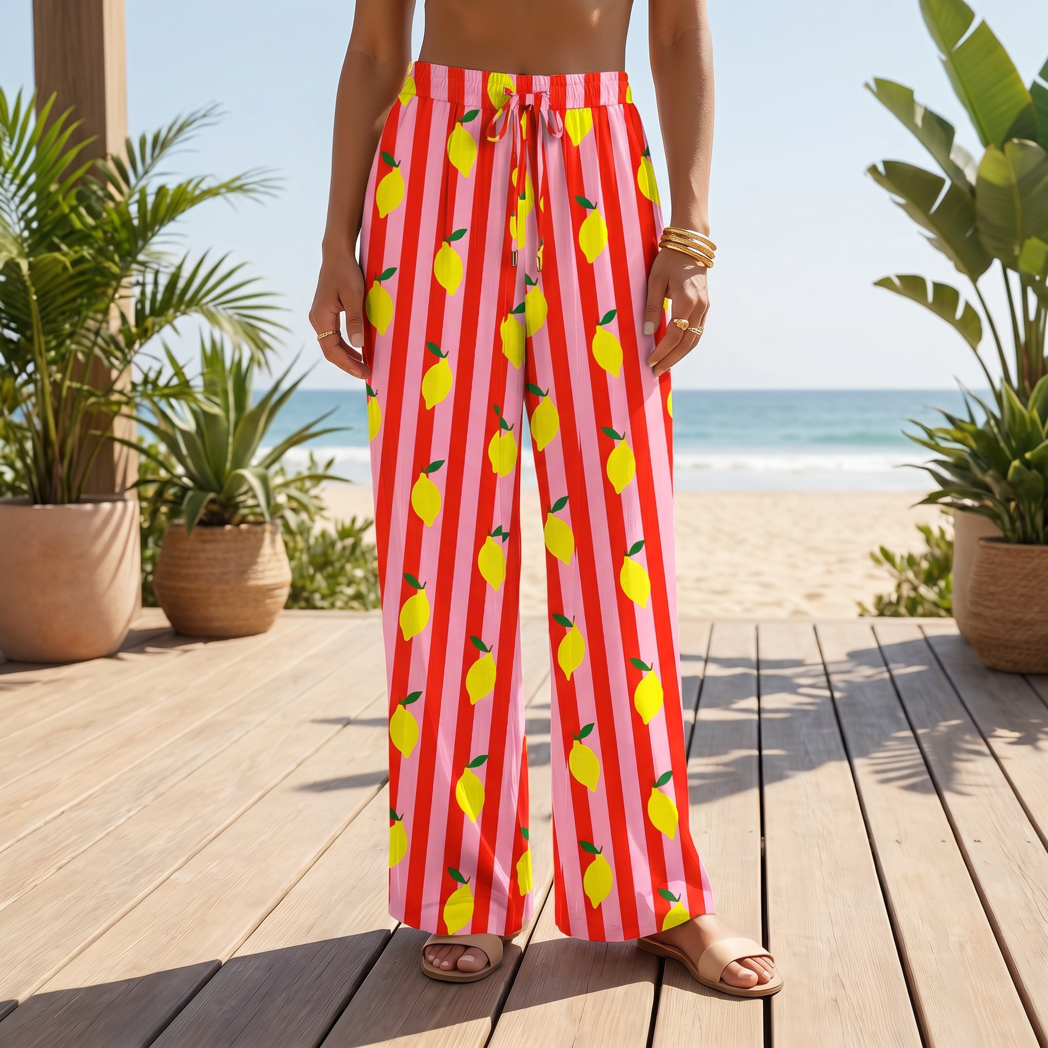 Citrus Stripe Wide Leg Tie Waist Pants With Pockets
