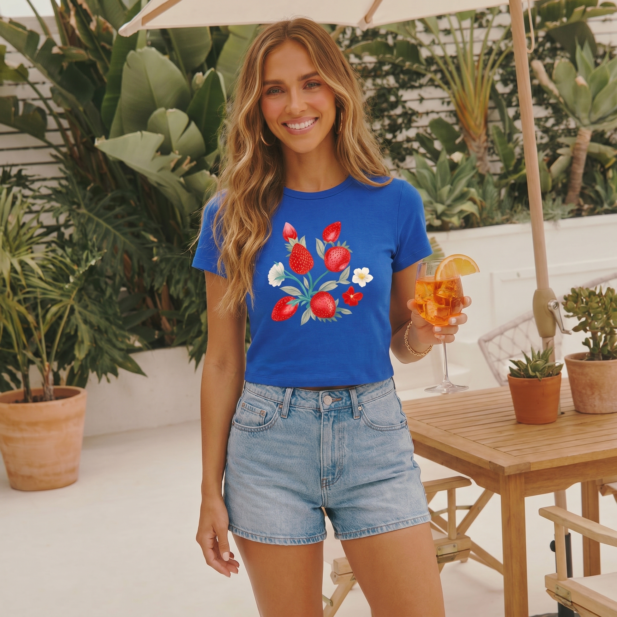 Fruit Party Vacation Print Crew Neck Cotton Tee