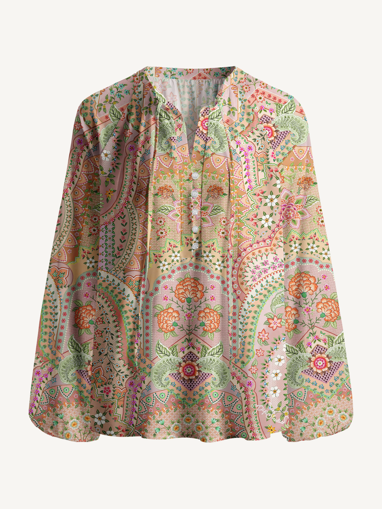 Patchwork Mandala Floral Print Boho Long Sleeve Tie‑Neck Blouse