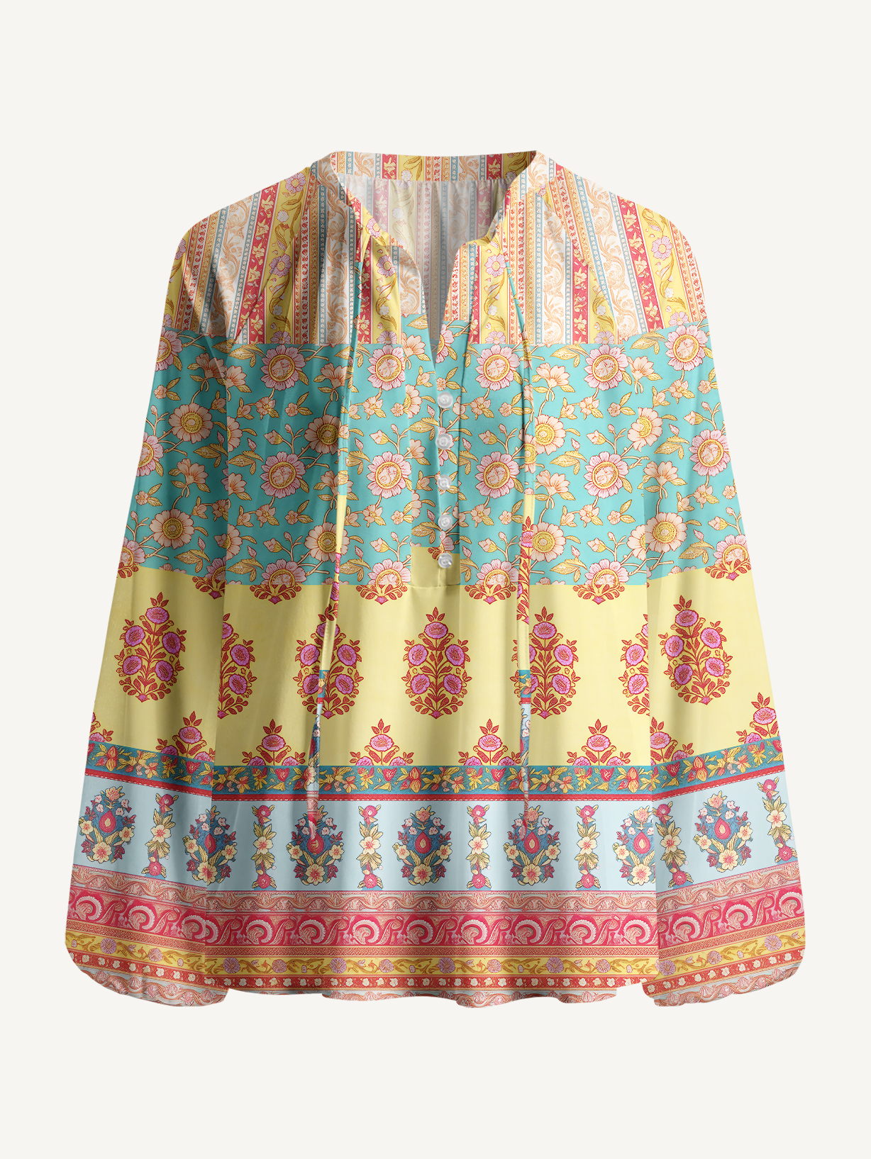 Paisley Inspired Pattern Boho Long Sleeve Tie‑Neck Blouse