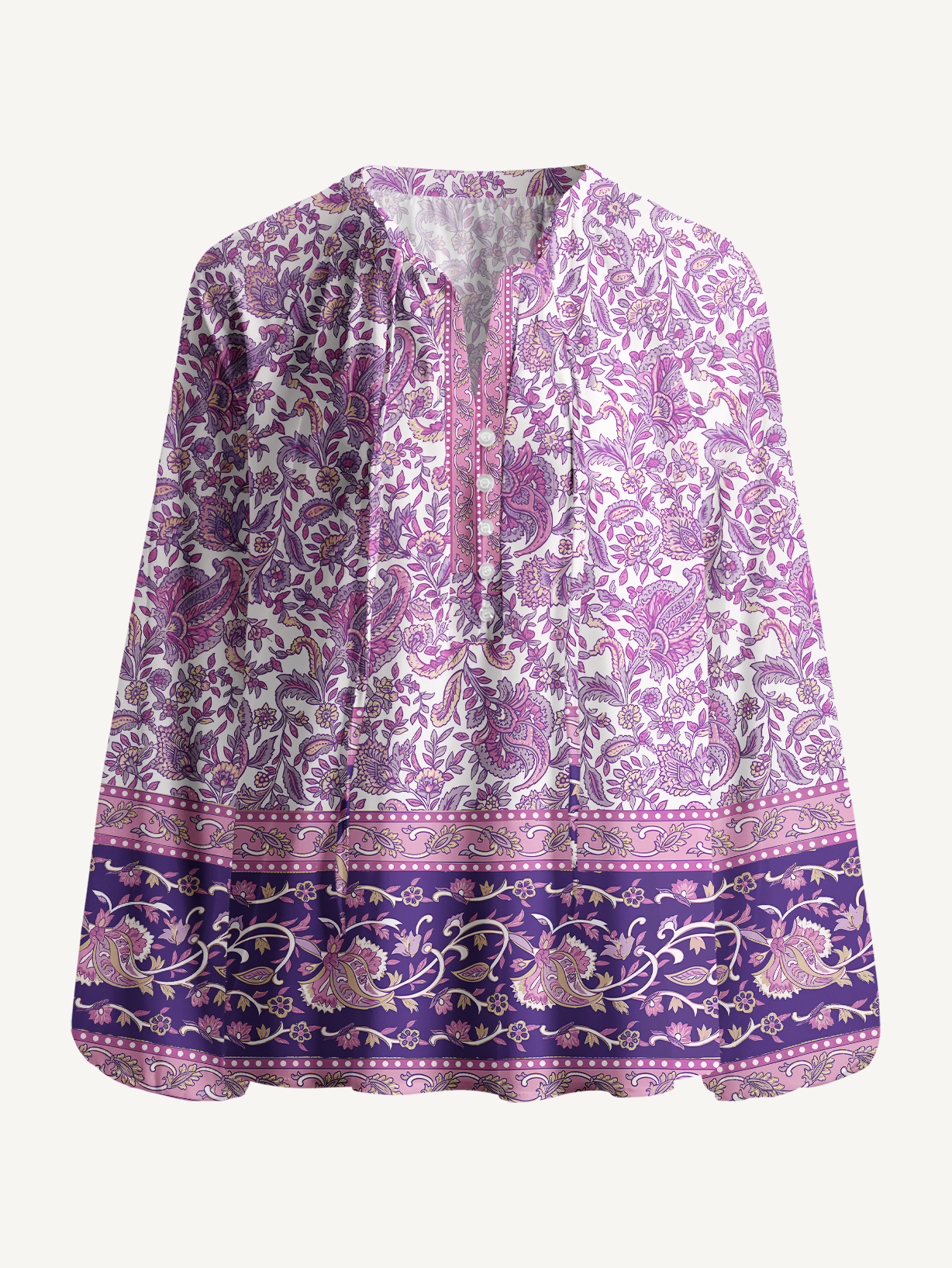 Violet Paisley Garden Print Boho Long Sleeve Tie‑Neck Blouse