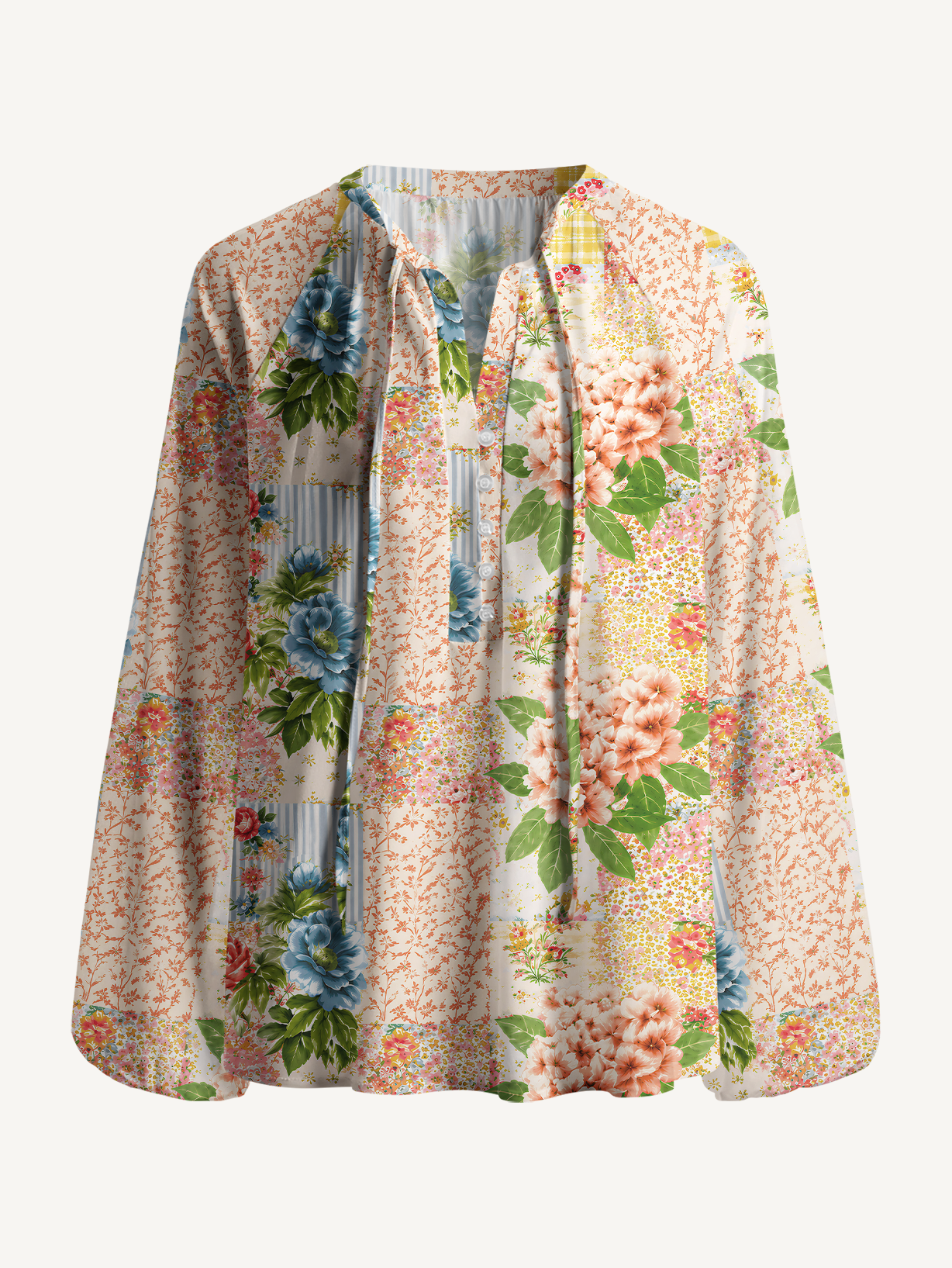 Vintage Cottage Garden Quilt Print Boho Long Sleeve Tie‑Neck Blouse