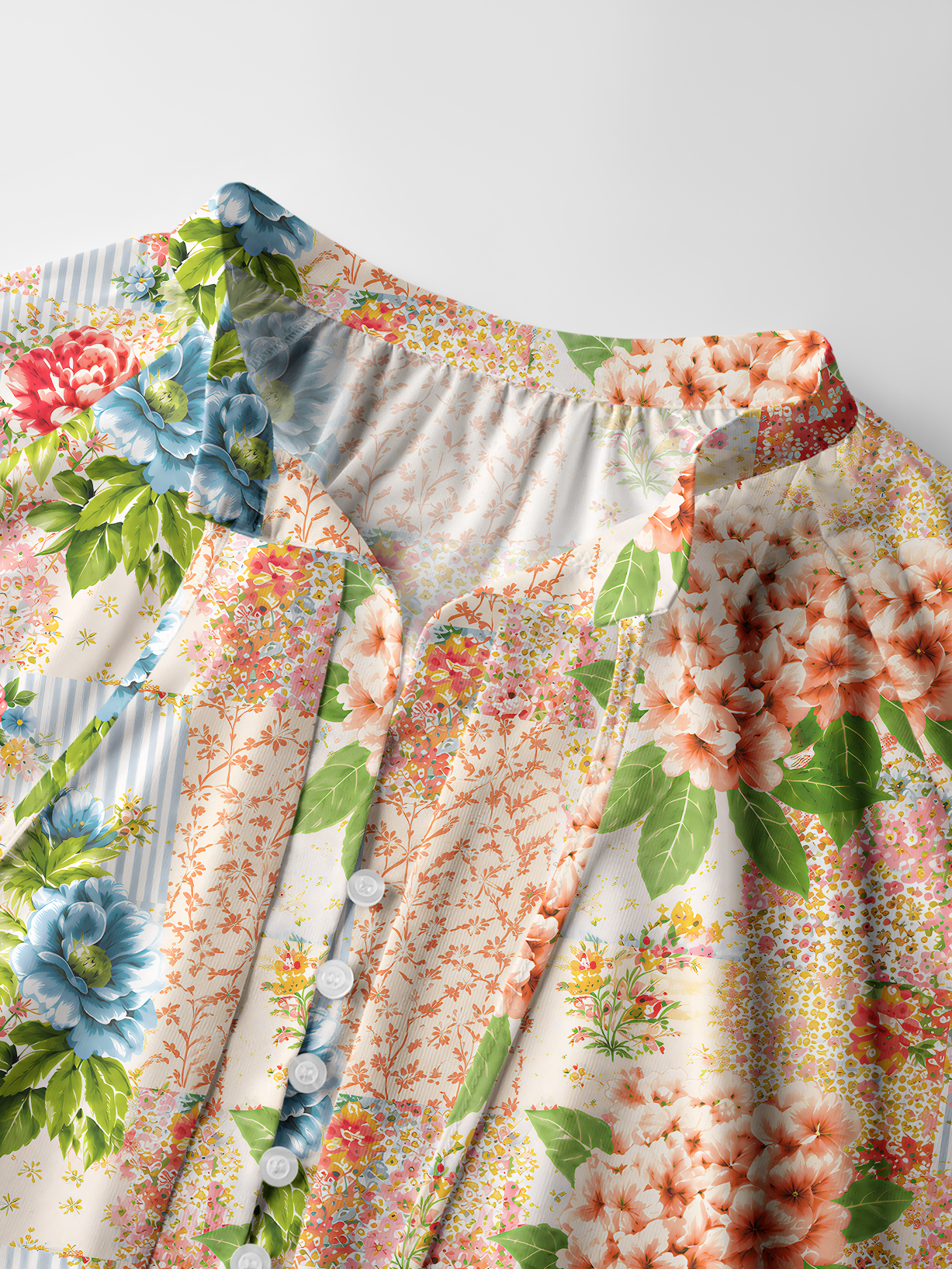 Vintage Cottage Garden Quilt Print Boho Long Sleeve Tie‑Neck Blouse