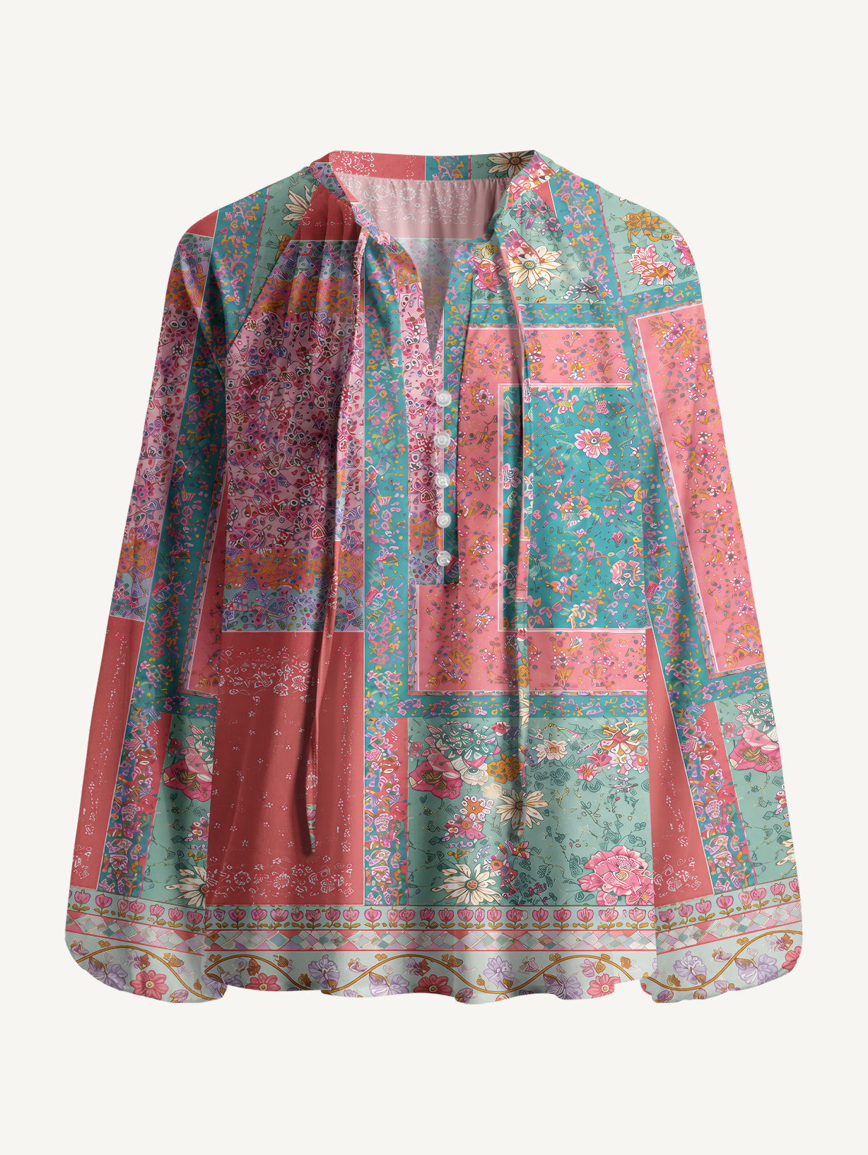 Coral Patchwork Garden Print Boho Long Sleeve Tie‑Neck Blouse