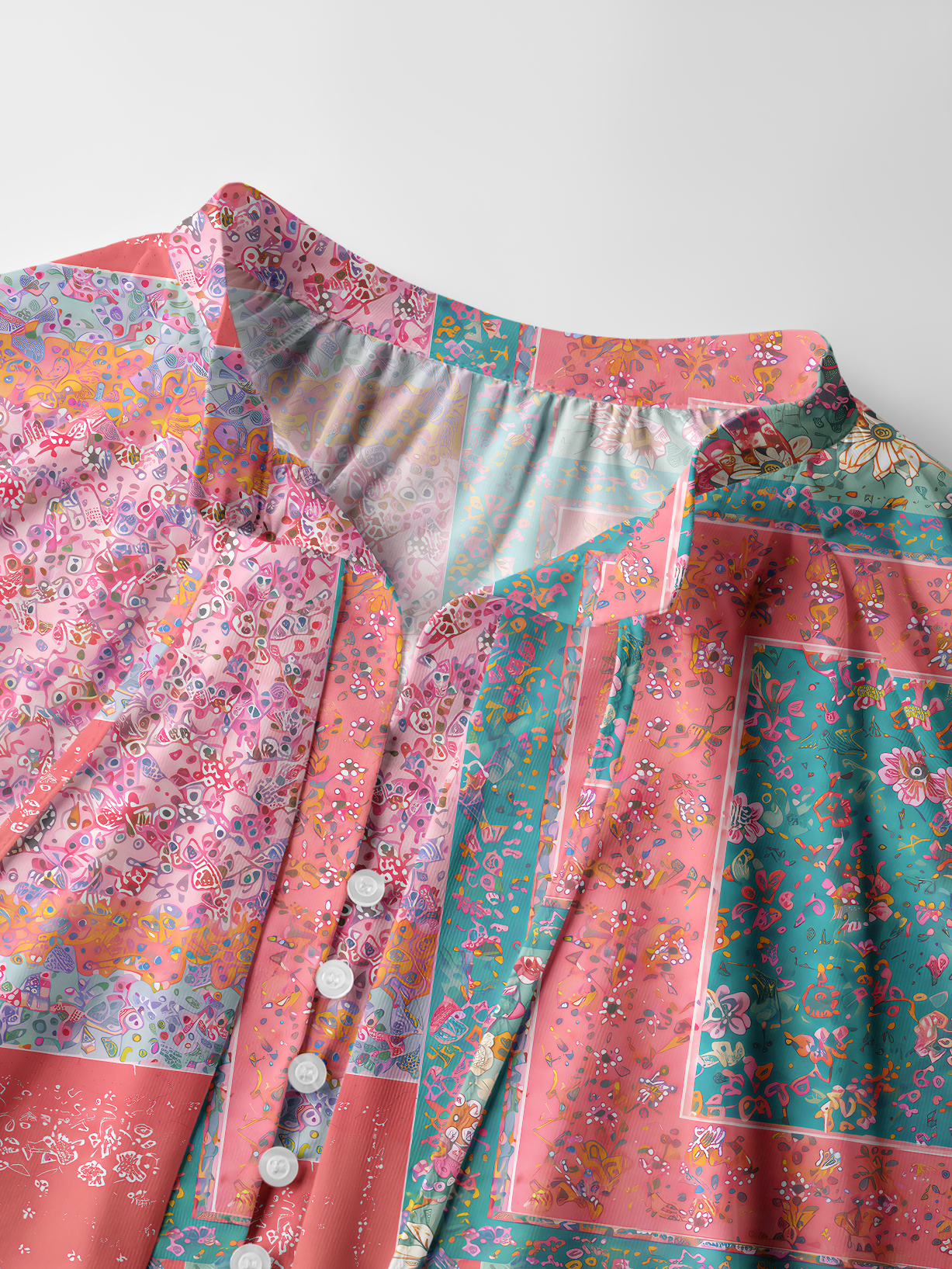Coral Patchwork Garden Print Boho Long Sleeve Tie‑Neck Blouse