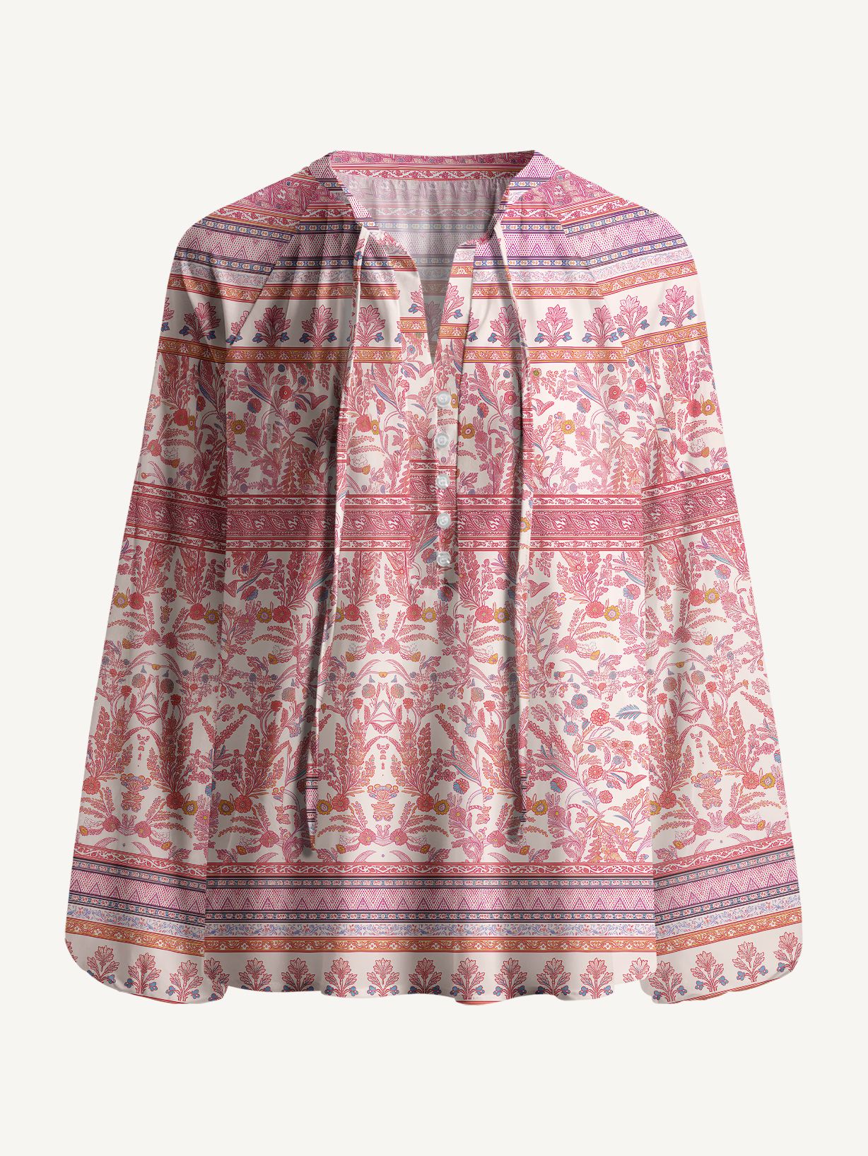 Rosewood Vintage Garden Print Boho Long Sleeve Tie‑Neck Blouse