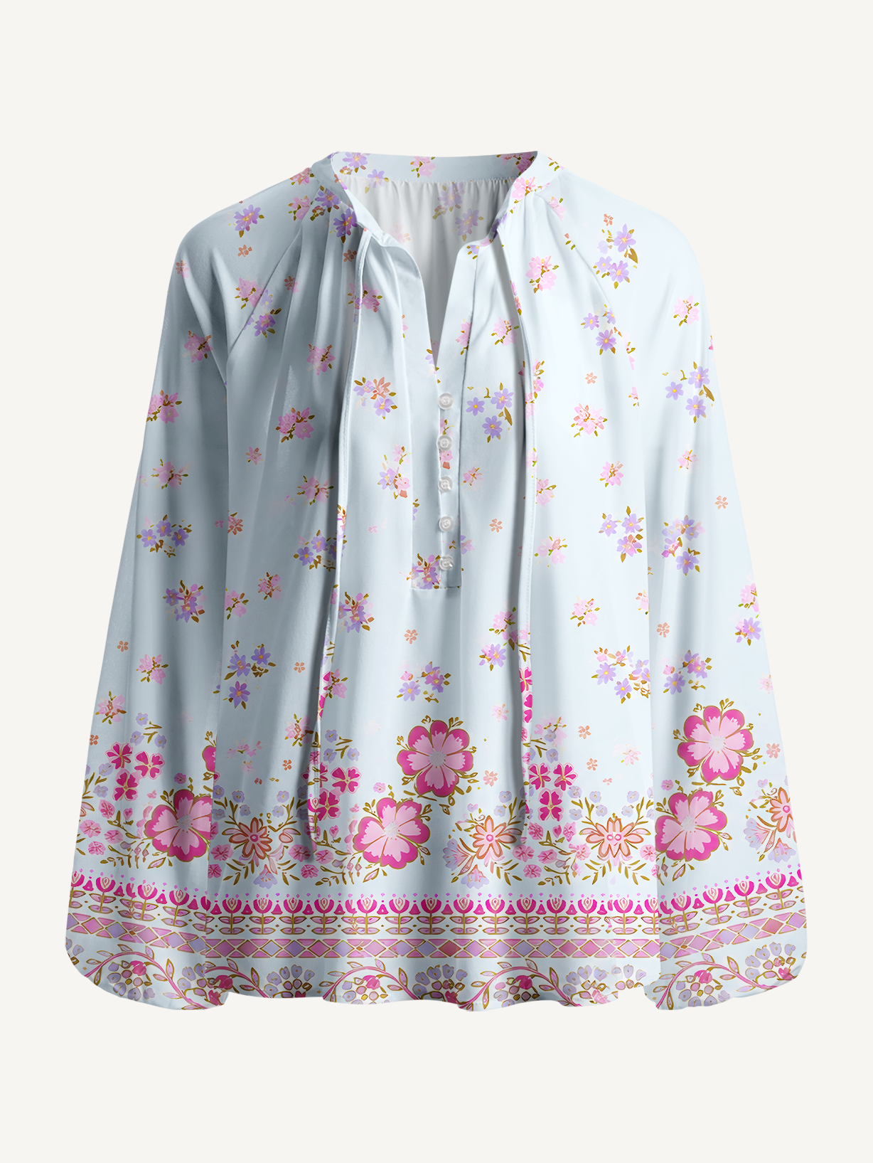 Pink Petal Cascade Pattern Boho Long Sleeve Tie‑Neck Blouse