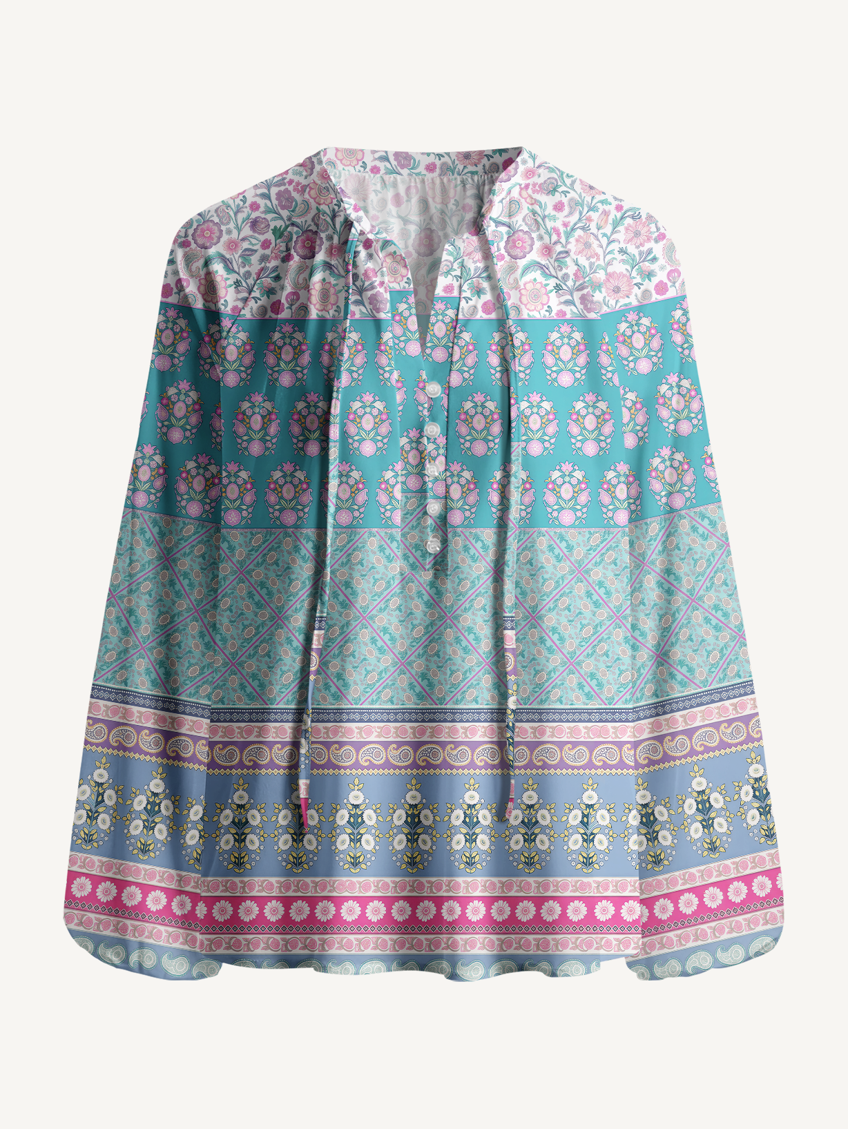 Pink Rose and Geometric Border Pattern Boho Long Sleeve Tie‑Neck Blouse
