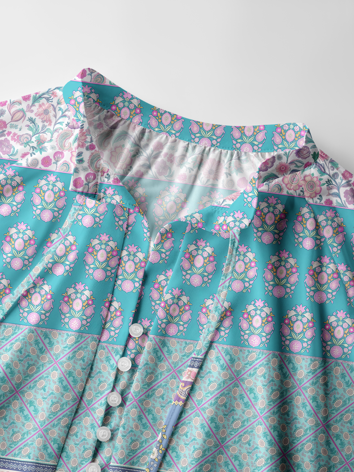 Pink Rose and Geometric Border Pattern Boho Long Sleeve Tie‑Neck Blouse
