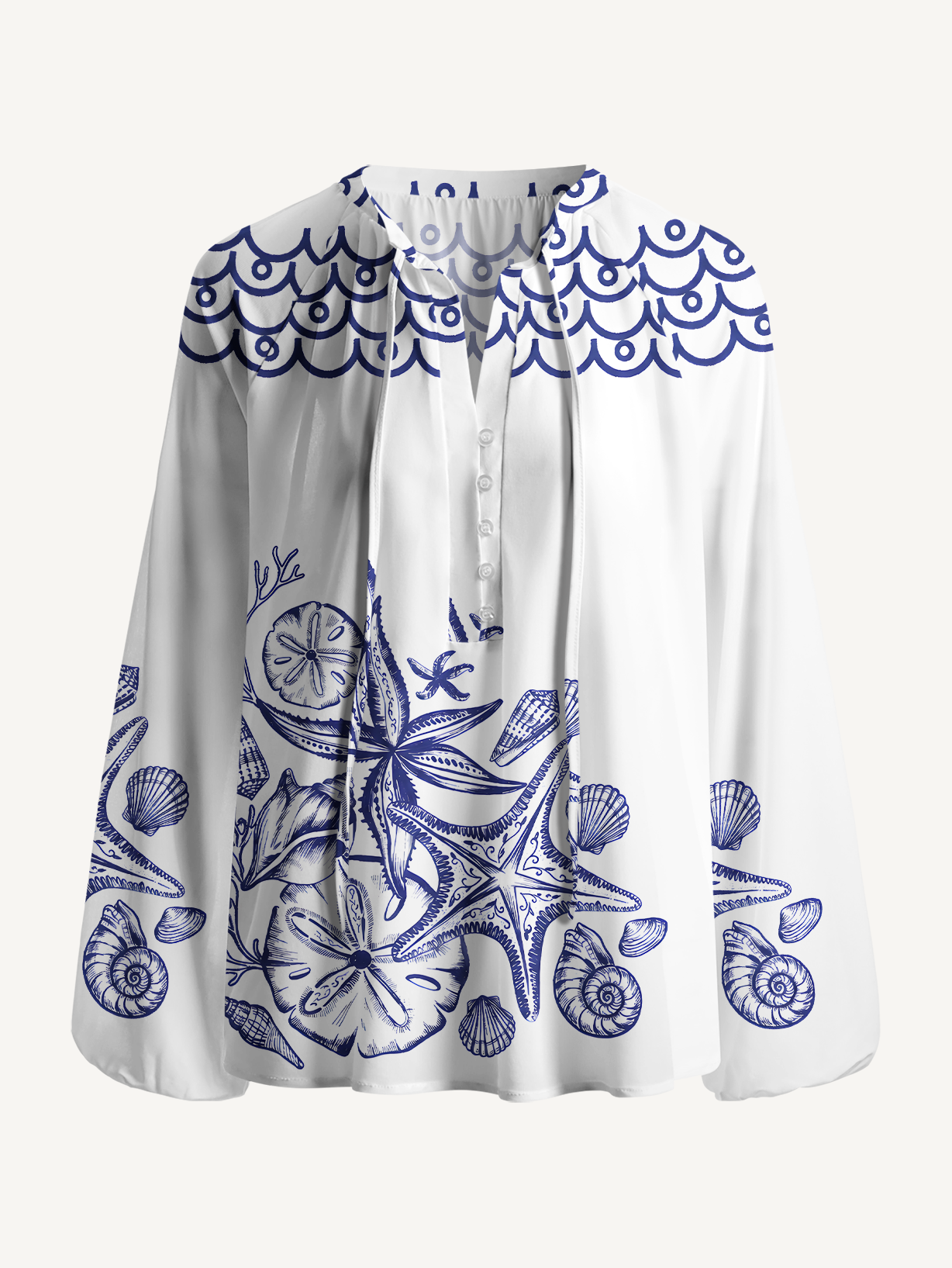 Coastal Nautical Starfish Pattern Boho Long Sleeve Tie‑Neck Blouse