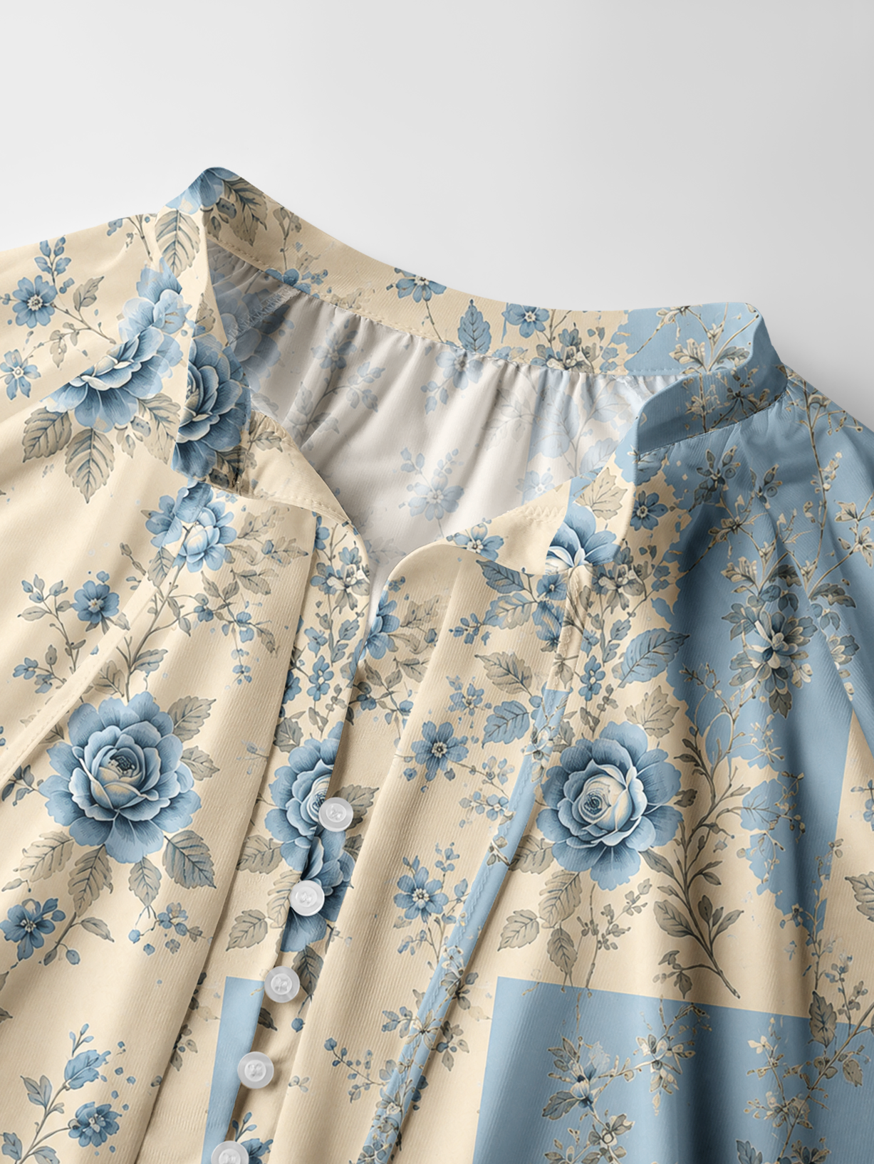 Blue Porcelain Rose Garden Boho Long Sleeve Tie‑Neck Blouse