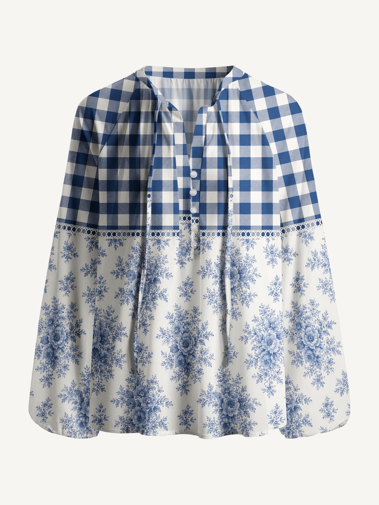Blue Gingham Rose Toile Boho Long Sleeve Tie‑Neck Blouse