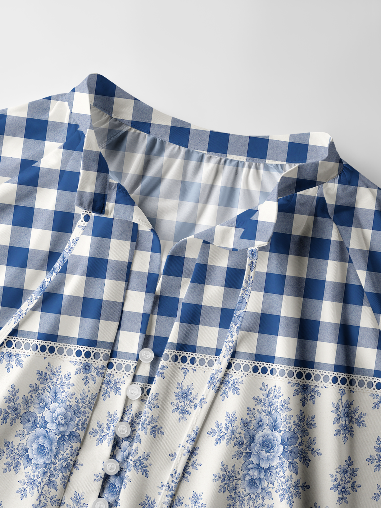 Blue Gingham Rose Toile Boho Long Sleeve Tie‑Neck Blouse