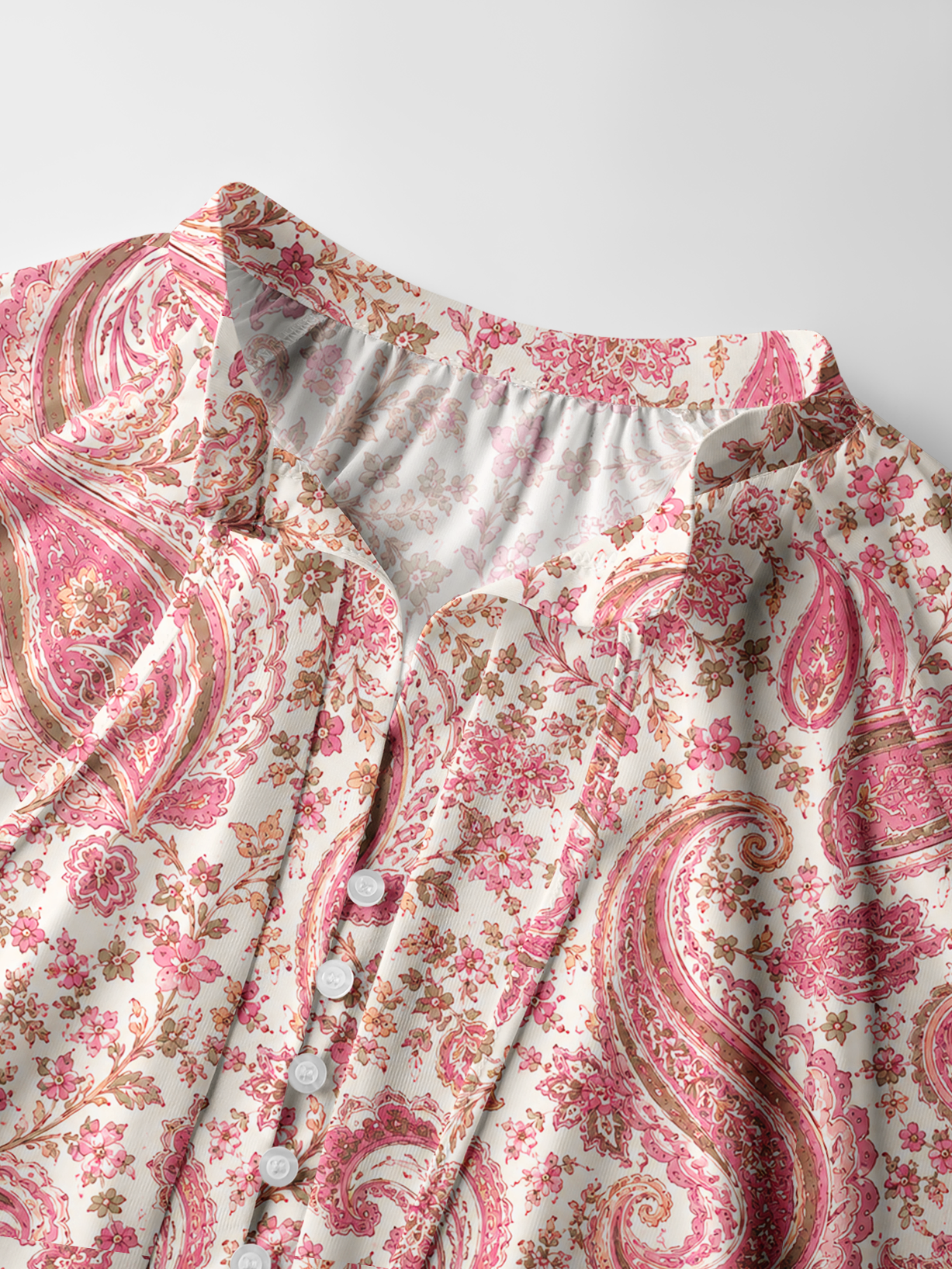 Blossom Pink Paisley Boho Long Sleeve Tie‑Neck Blouse