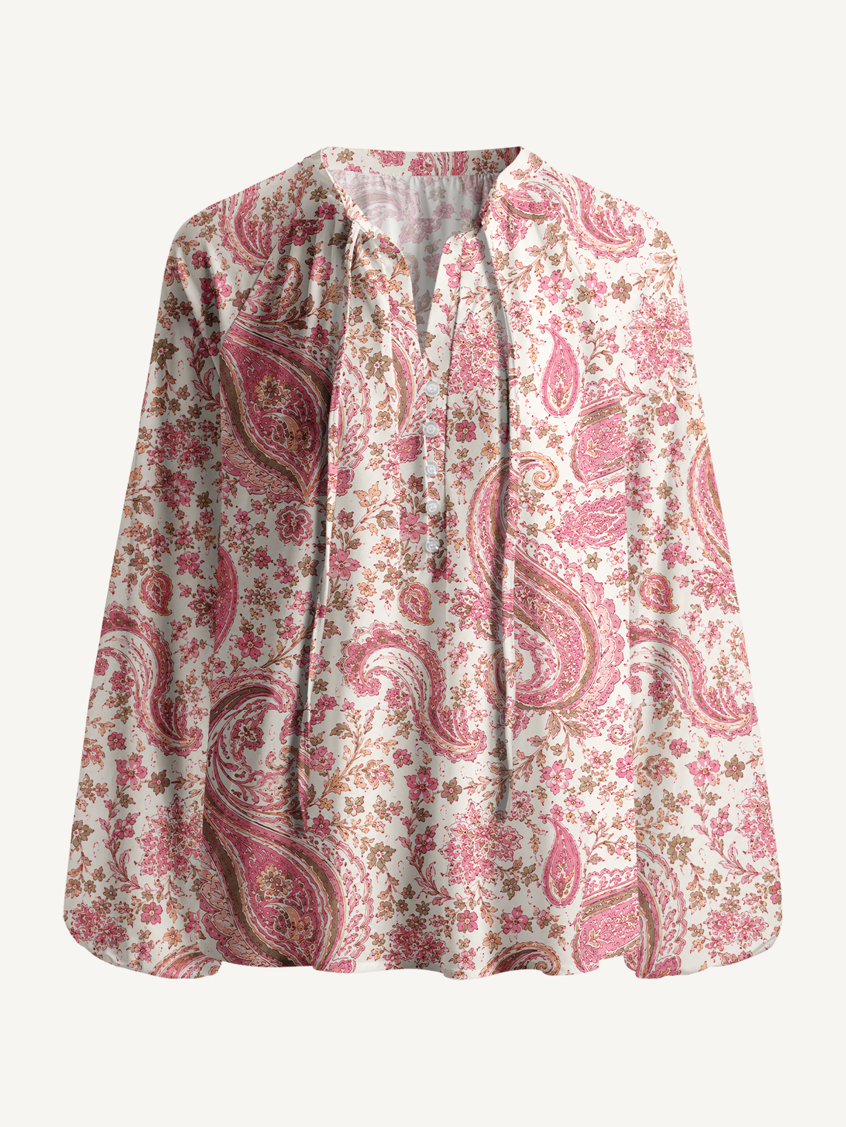 Blossom Pink Paisley Boho Long Sleeve Tie‑Neck Blouse