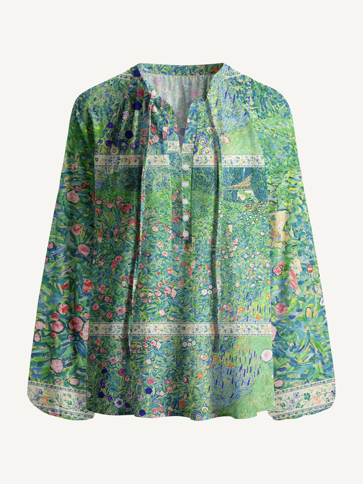 Gustav Klimt Italian Garden Landscape Long Sleeve Tie‑Neck Blouse
