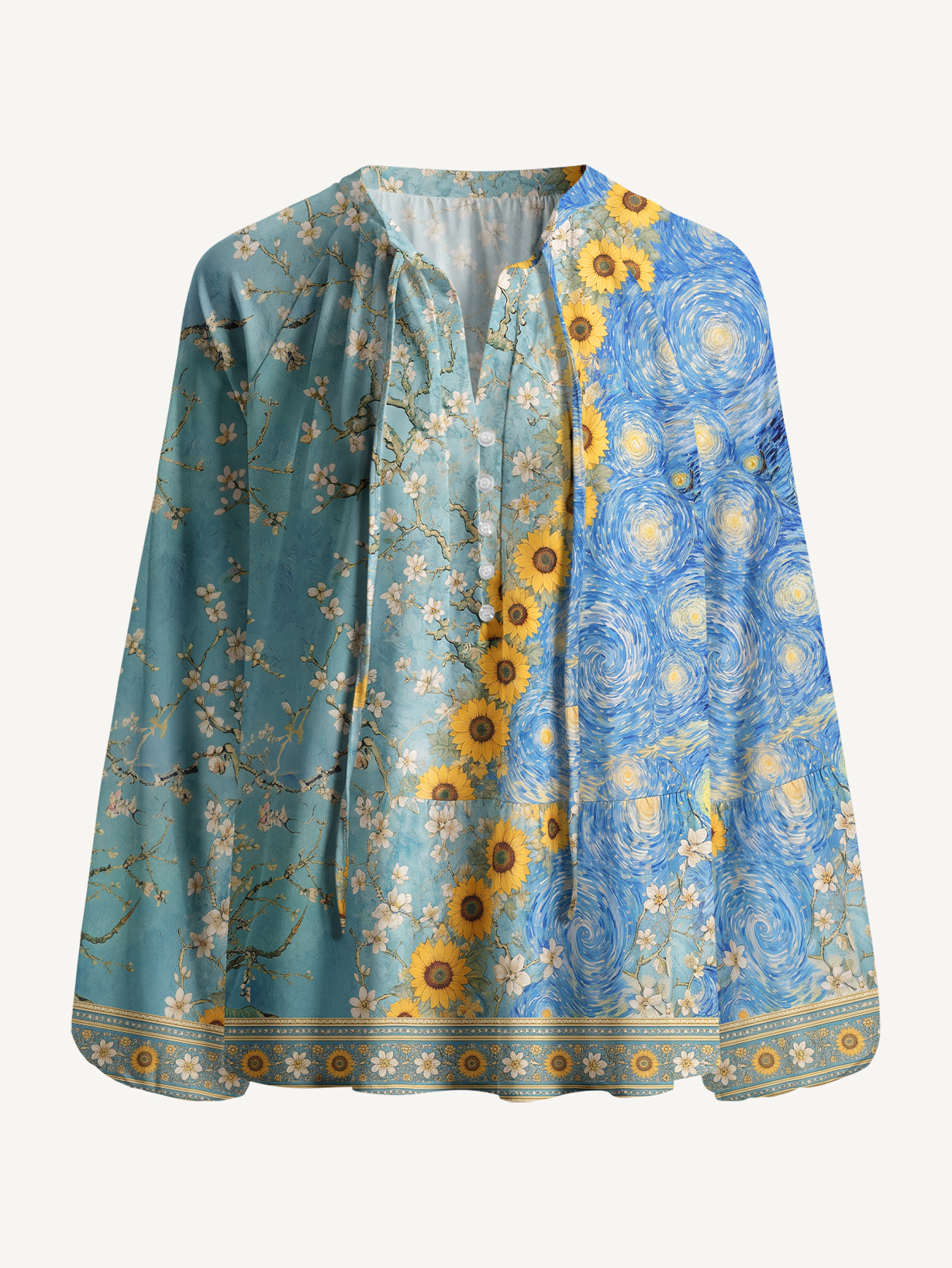 Van Gogh Almond Blossom Starry Night Sunflowers Long Sleeve Tie‑Neck Blouse