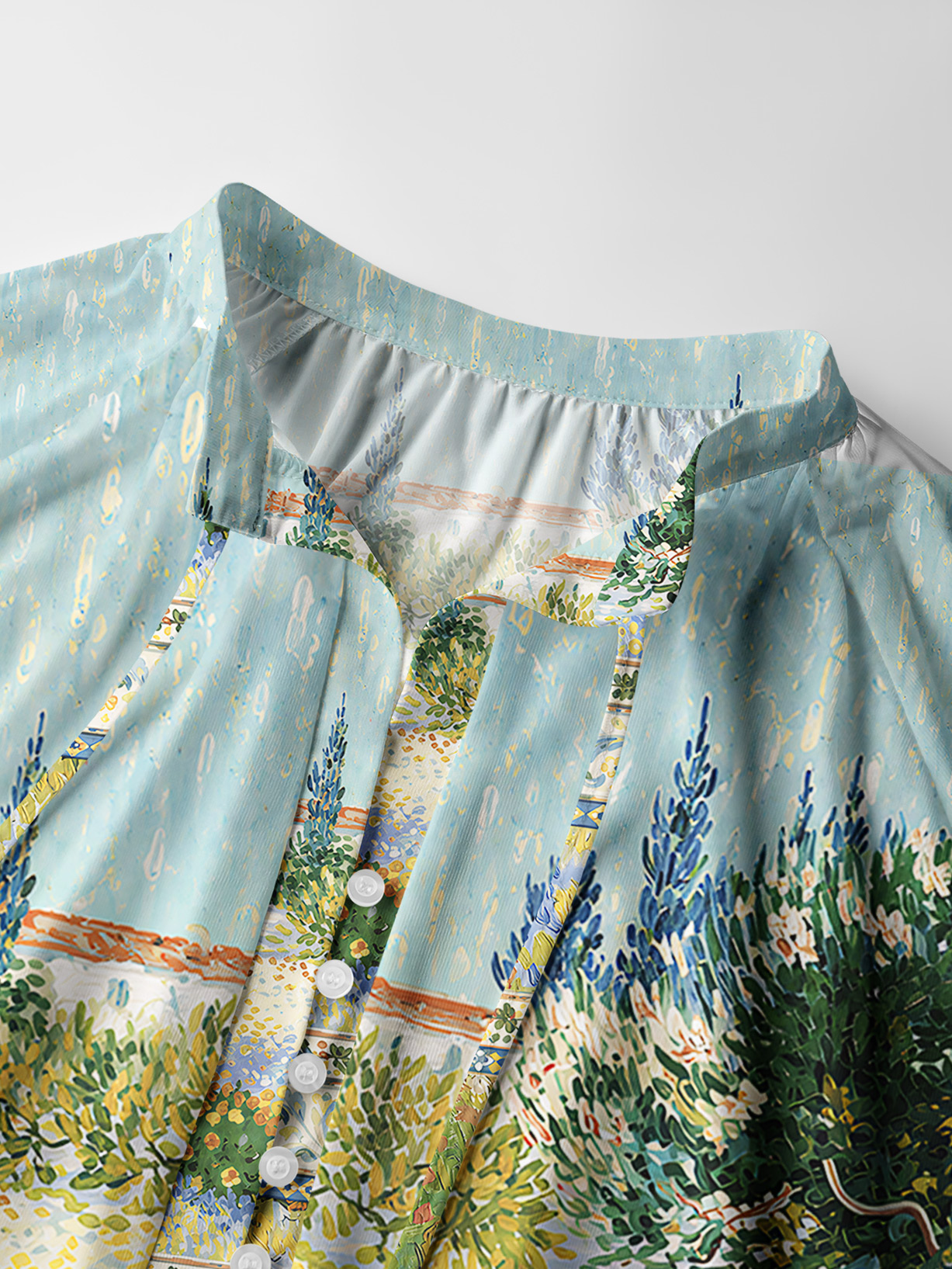 Van Gogh Garden with Flowers Long Sleeve Tie‑Neck Blouse