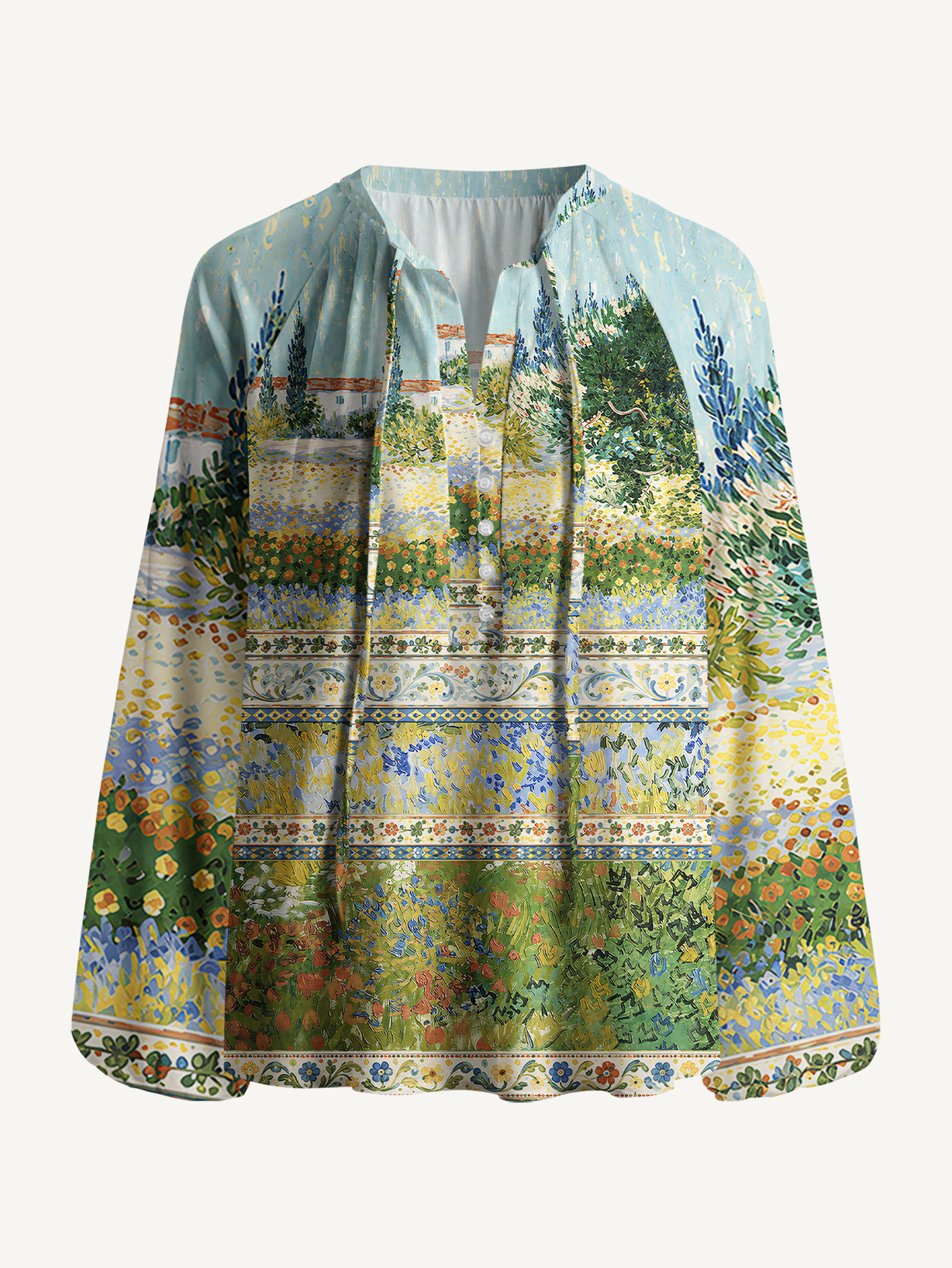 Van Gogh Garden with Flowers Long Sleeve Tie‑Neck Blouse