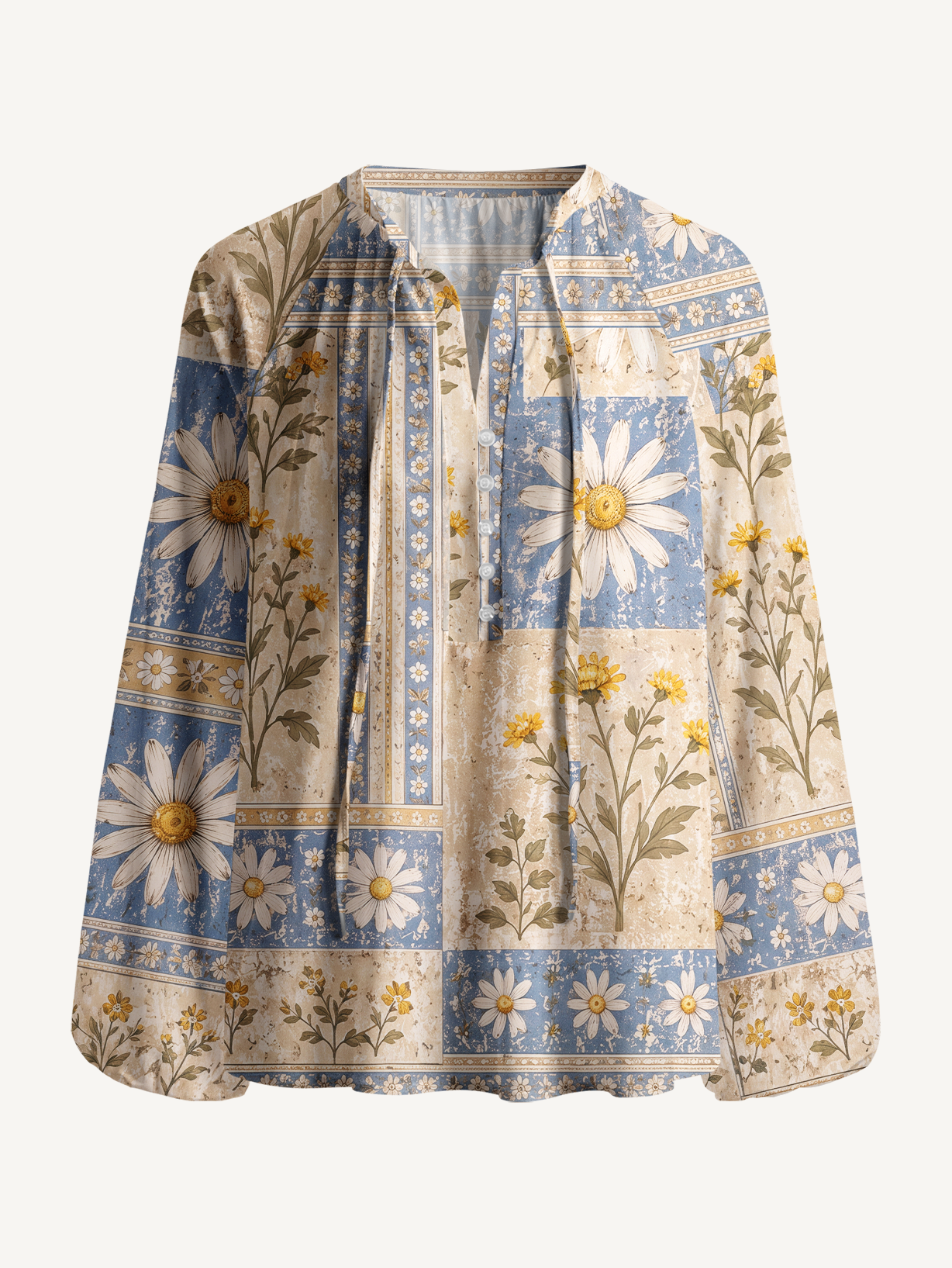 Rustic Daisy Patchwork Boho Long Sleeve Tie‑Neck Blouse