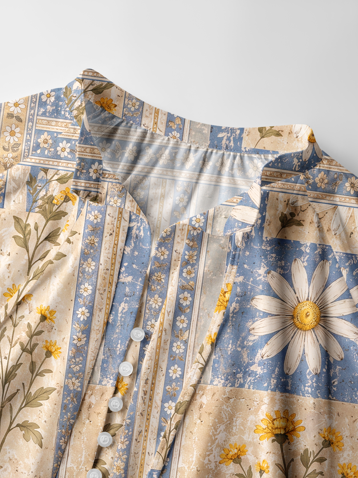 Rustic Daisy Patchwork Boho Long Sleeve Tie‑Neck Blouse