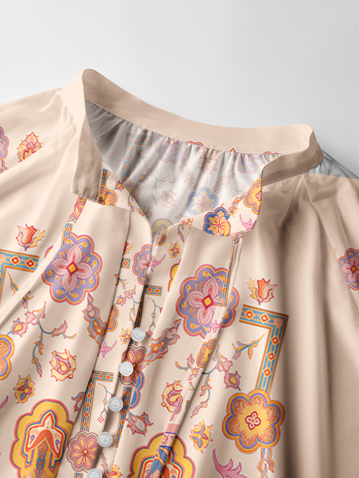 Boho Inspired Symmetrical Floral Long Sleeve Tie‑Neck Blouse