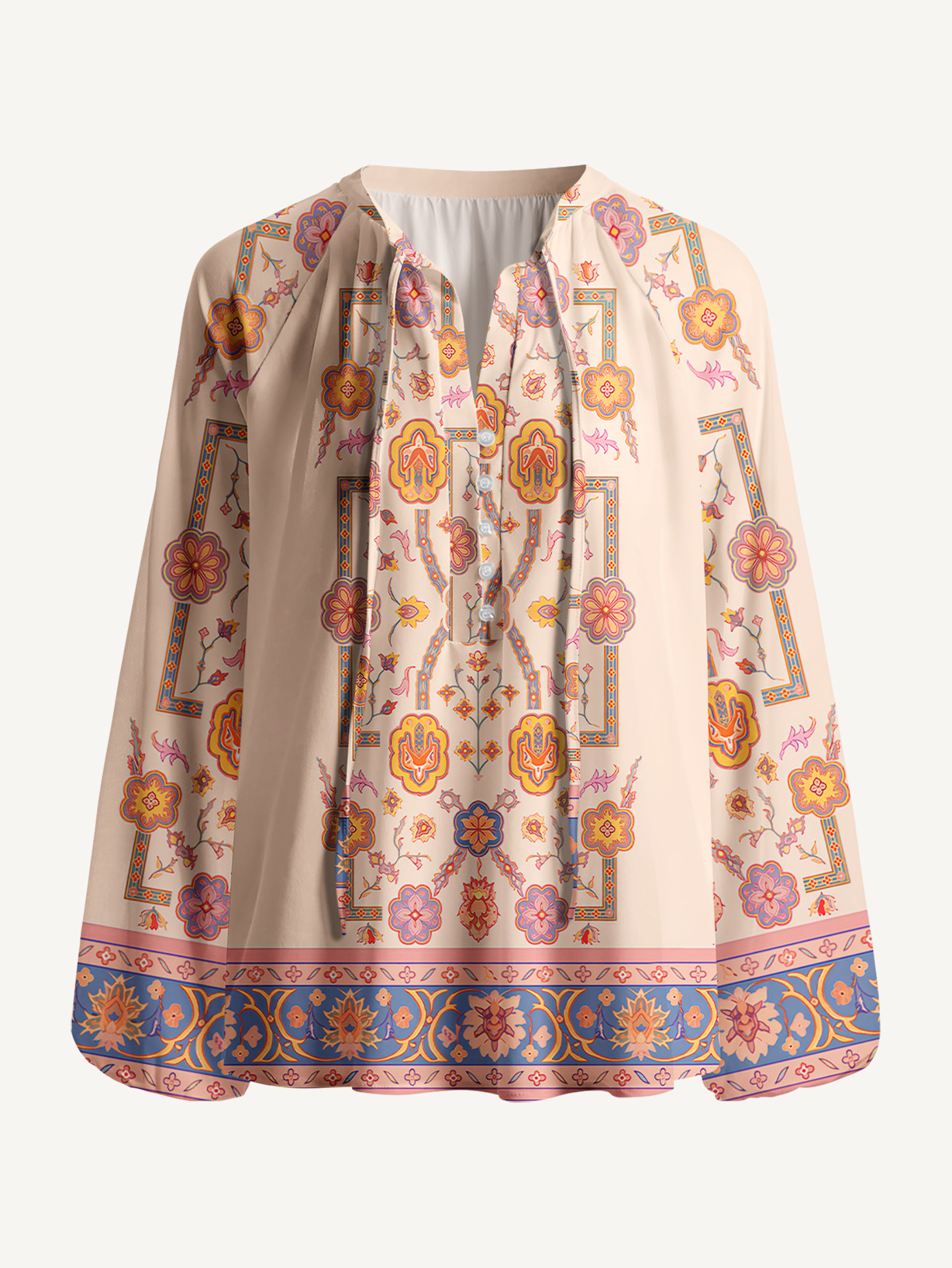 Boho Inspired Symmetrical Floral Long Sleeve Tie‑Neck Blouse