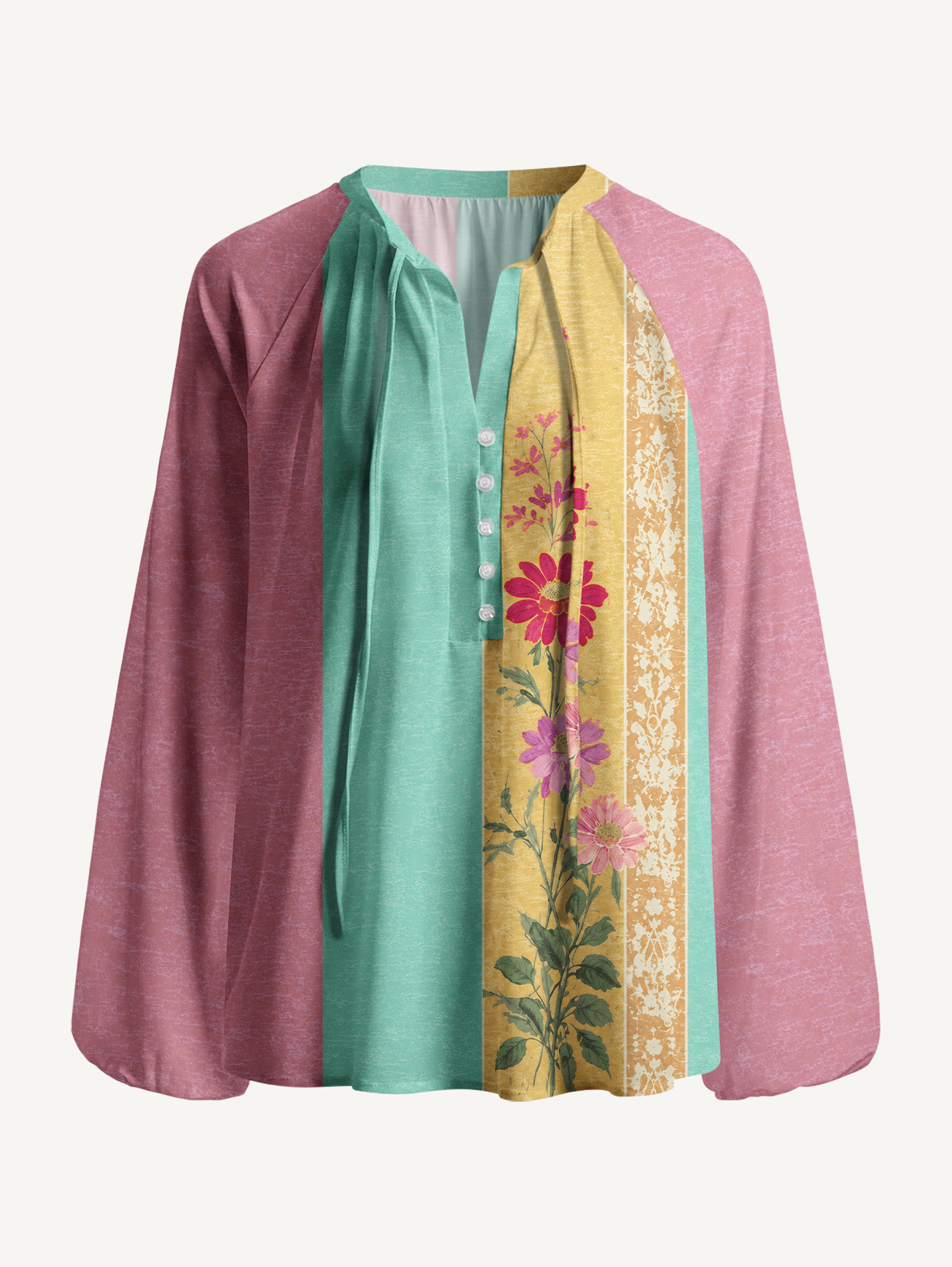 Sunset Stripe Florals Boho Long Sleeve Tie‑Neck Blouse