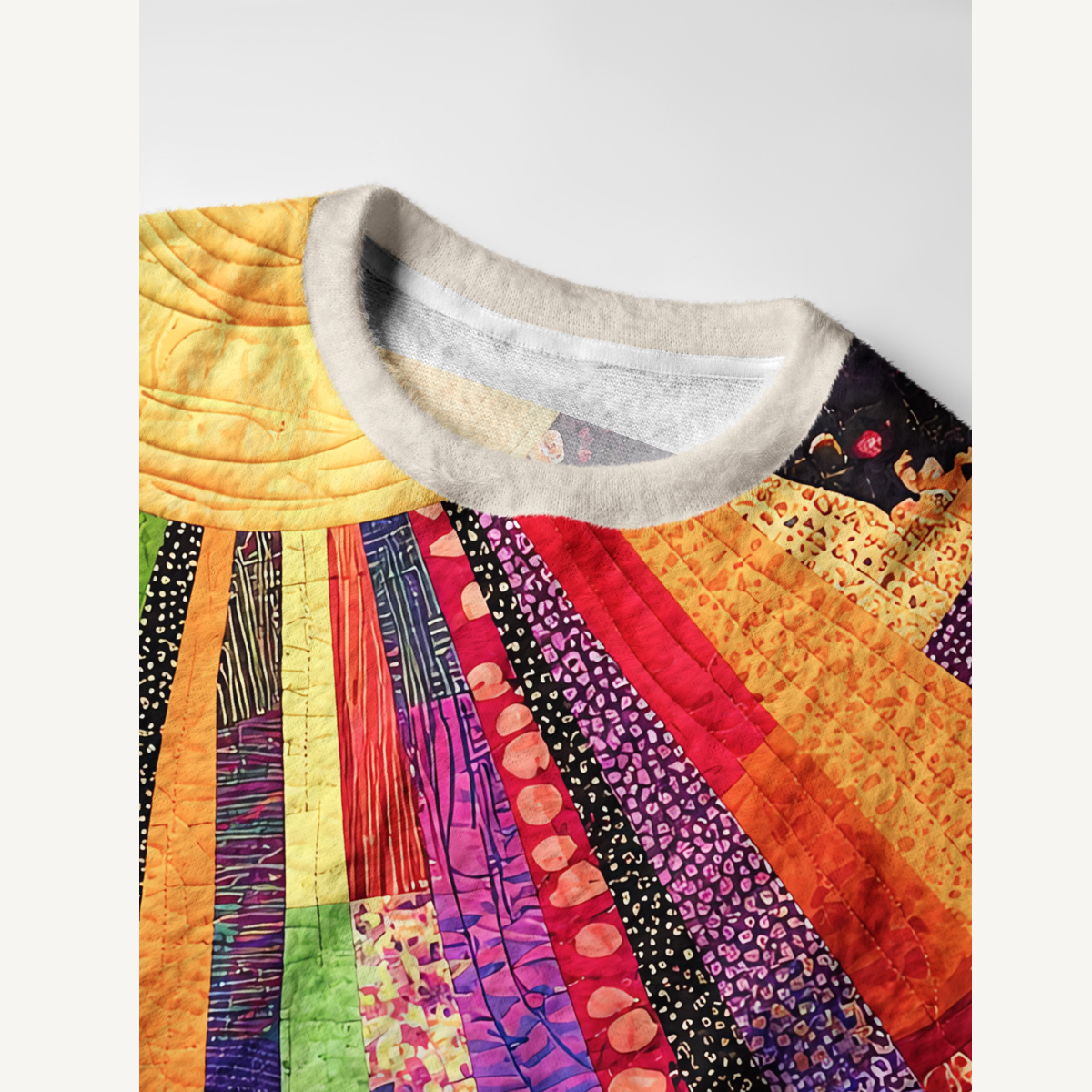 Rainbow Sunburst Patchwork Print Crewneck Sweater