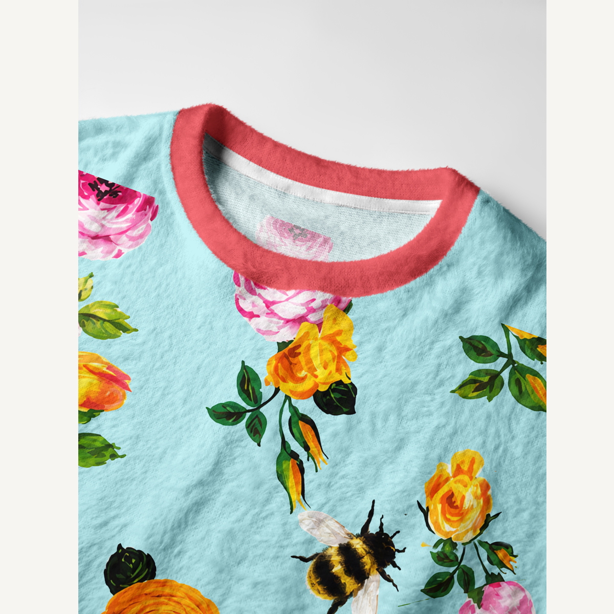 Pink Rose & Bumblebee Garden Print Crewneck Sweater