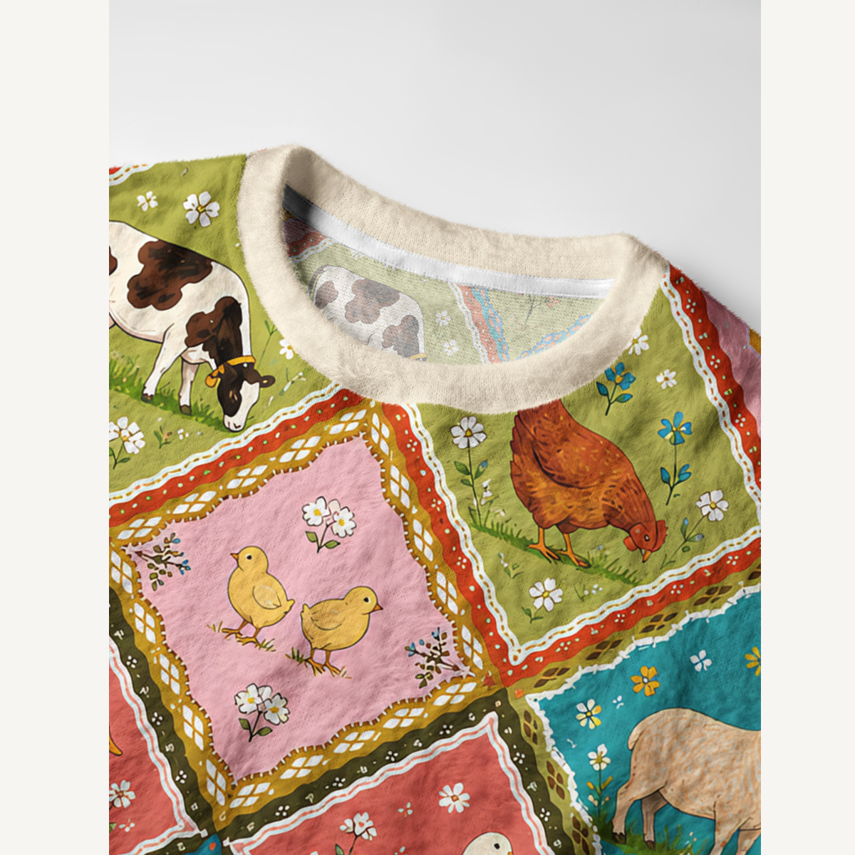 Cozy Countryside Farm Animal Patchwork Crewneck Sweater