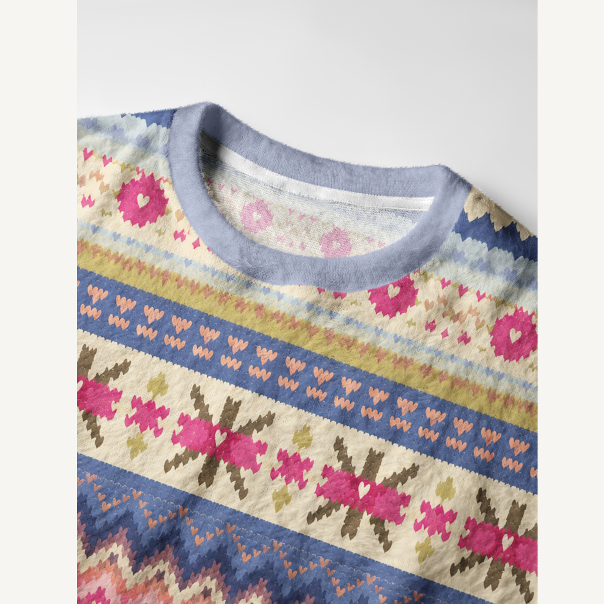 Soft Nordic Floral Geometric Stripe Crewneck Sweater