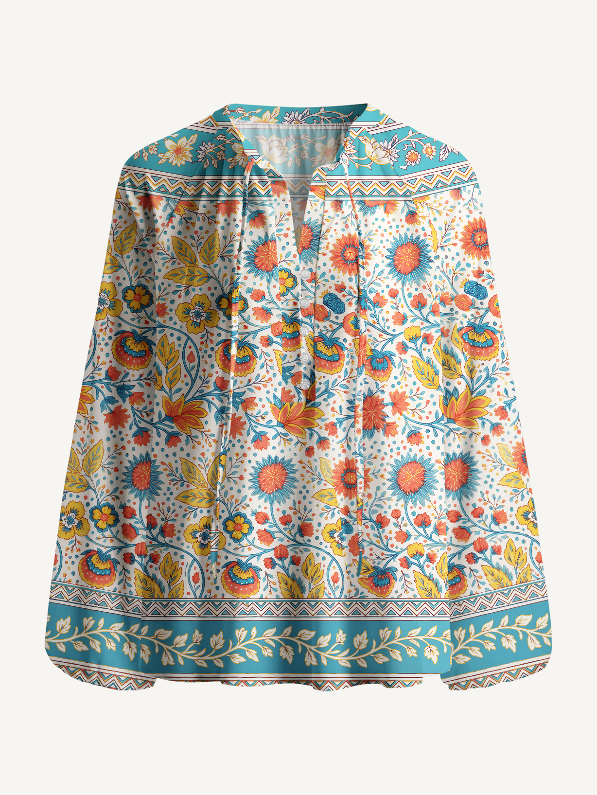 Moroccan Garden Pattern Boho Long Sleeve Tie‑Neck Blouse