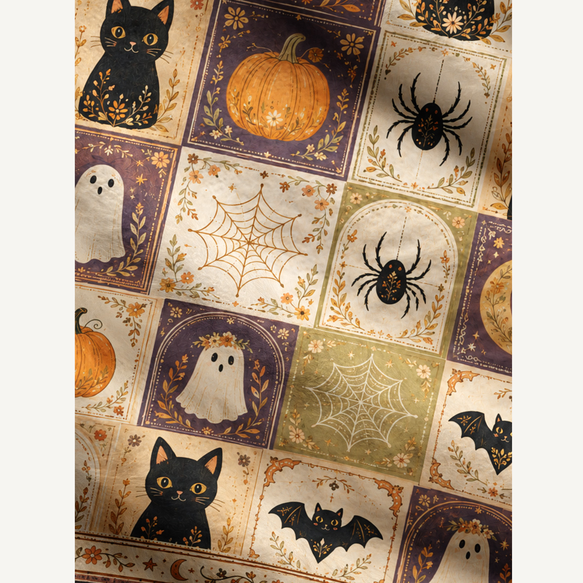 Halloween Cat & Pumpkin Patchwork Print Cardigan Sweaters