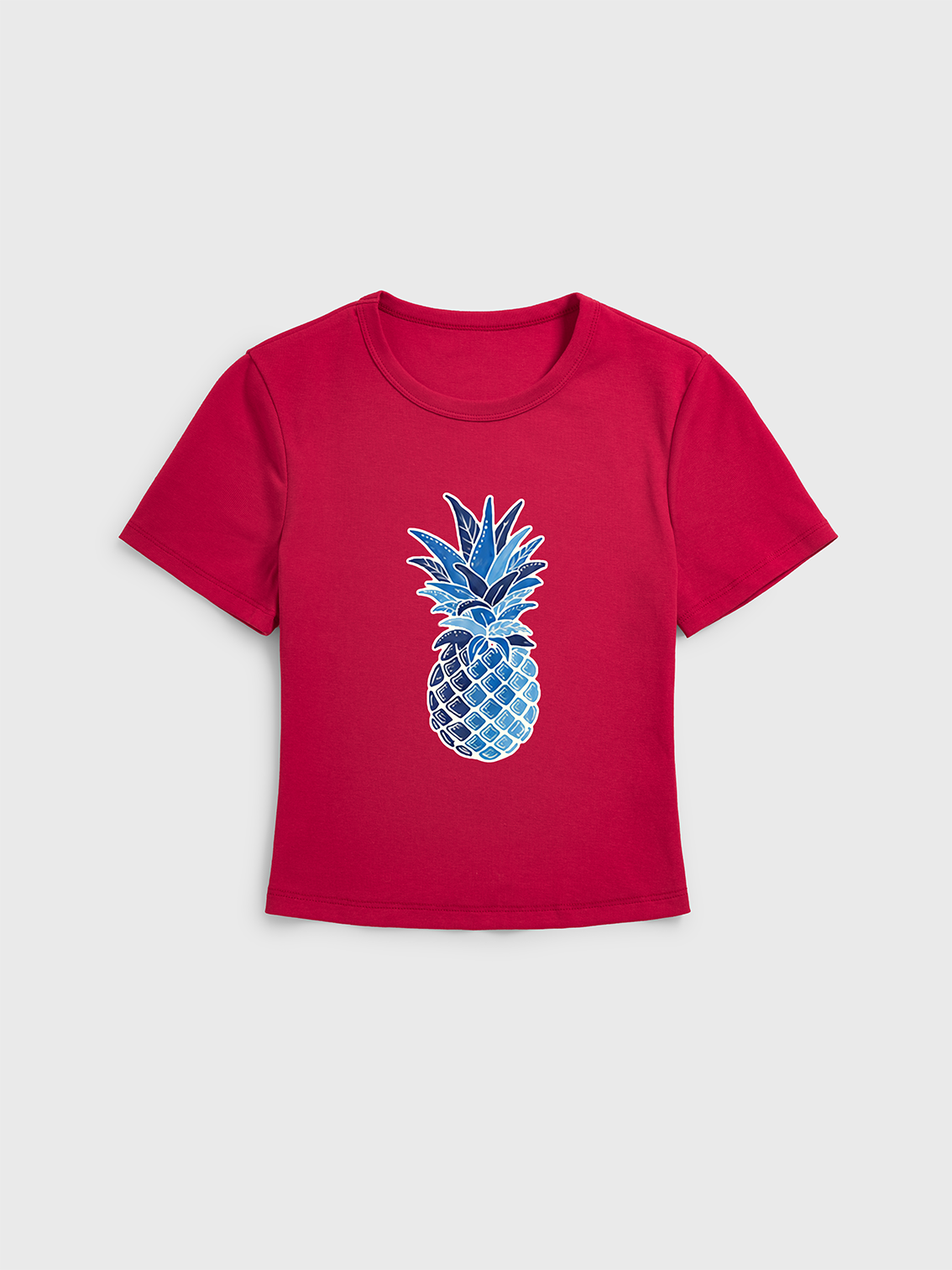 Blue Tropical Tile Print Crew Neck Cotton Tee