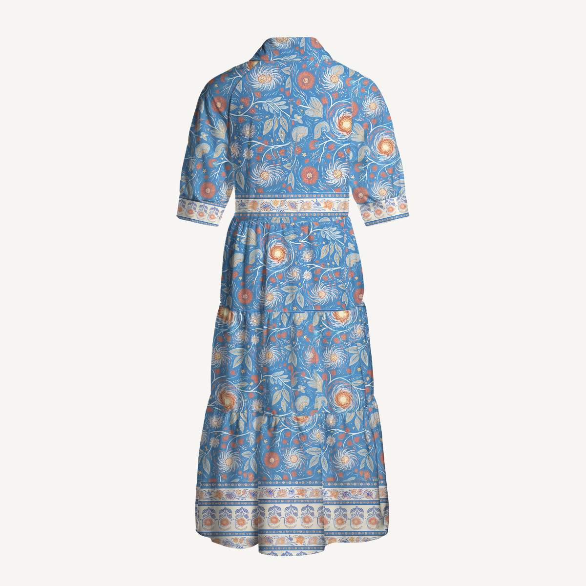 Starry Night Swirl Floral Boho Elbow-Length Sleeve Midi Dress