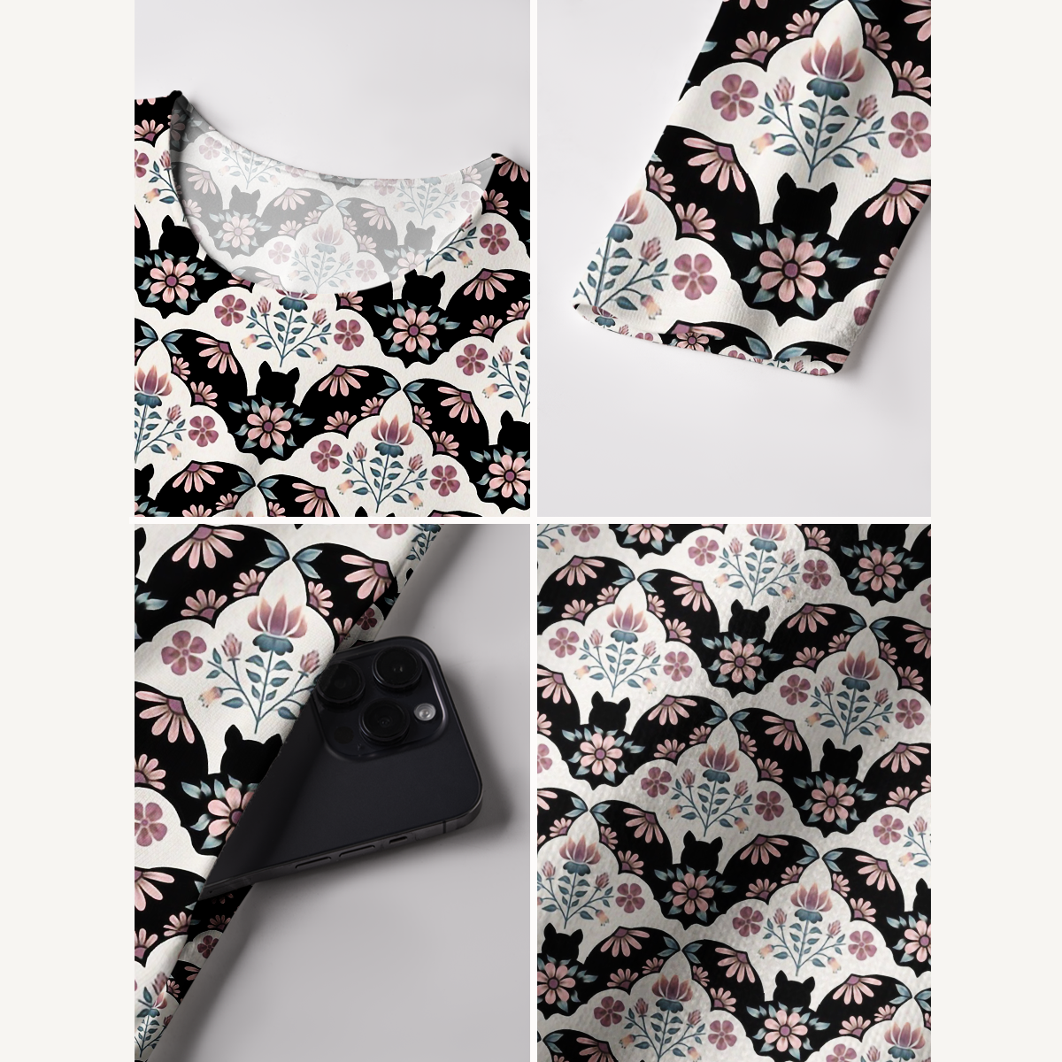 Halloween Bat Garden Damask Boho Long Sleeve Maxi Dress with Pockets