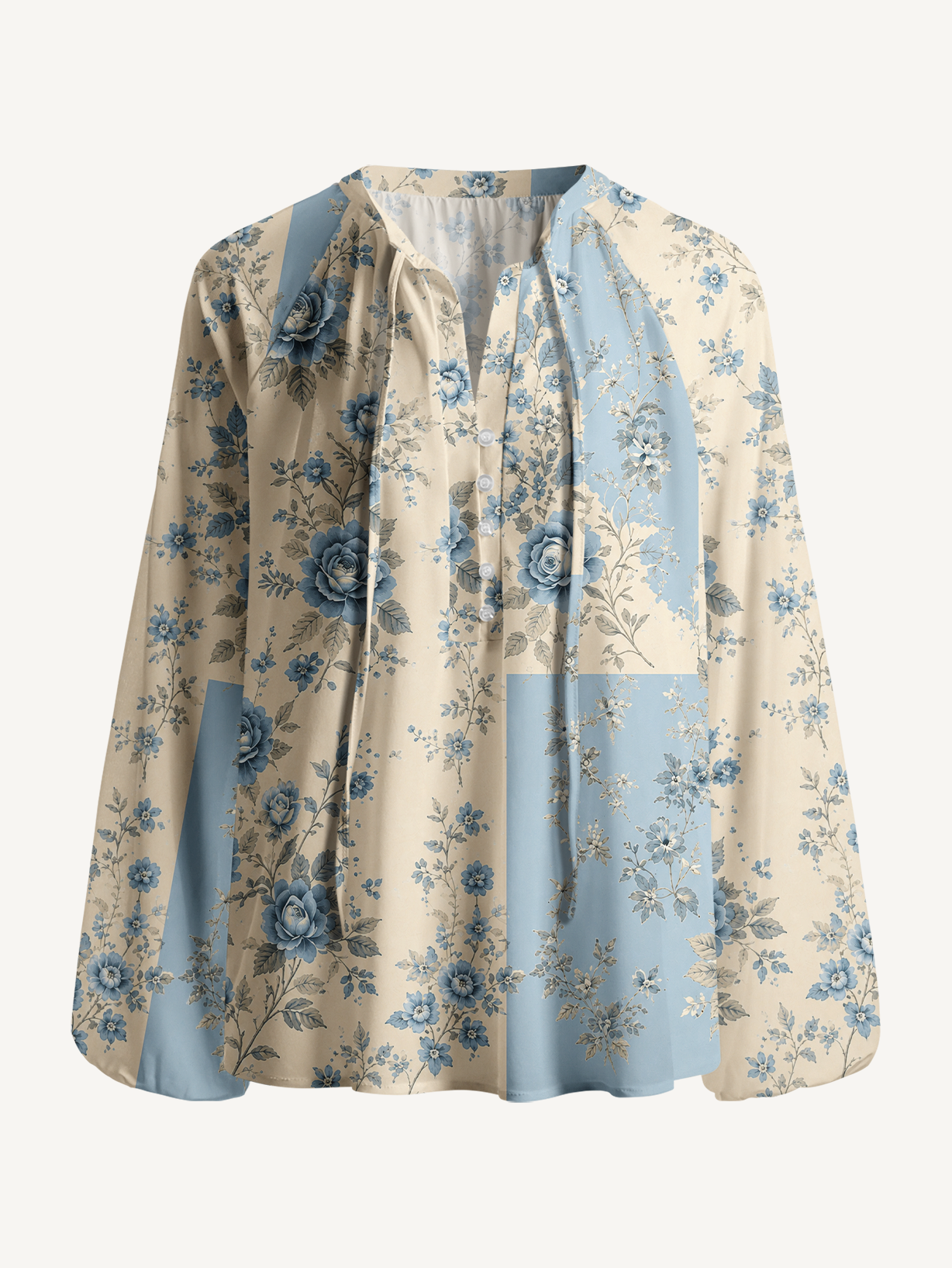 Blue Porcelain Rose Garden Boho Long Sleeve Tie‑Neck Blouse