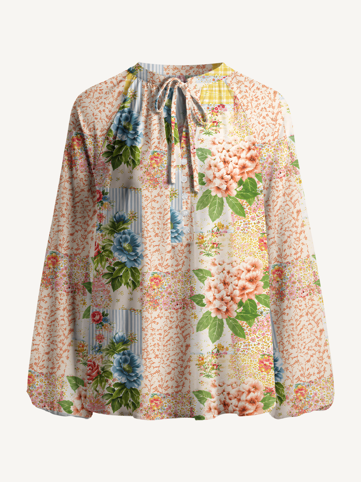 Vintage Cottage Garden Quilt Print Boho Long Sleeve Tie‑Neck Blouse