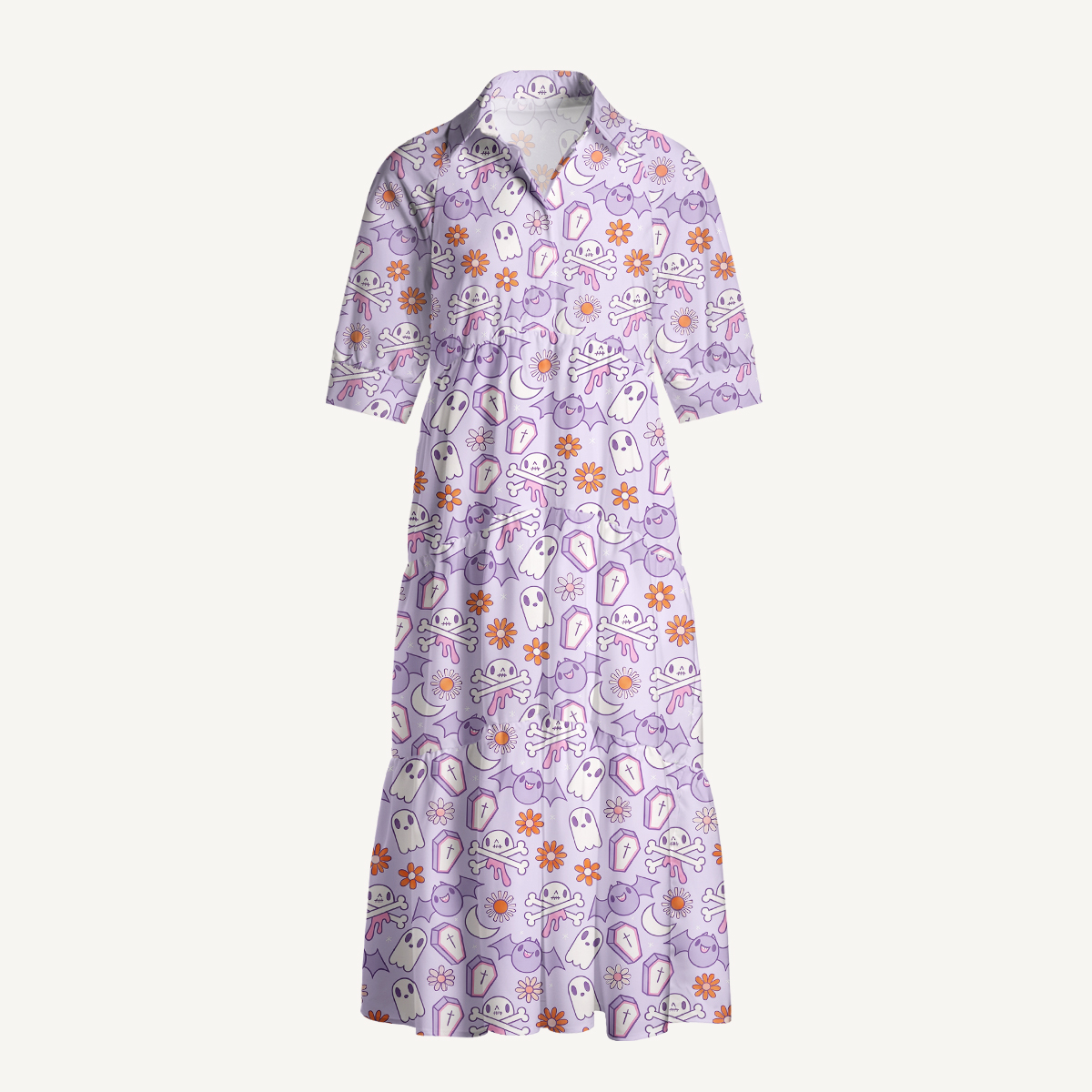 Lavender Ghost Garden Halloween Boho Elbow-Length Sleeve Midi Dress