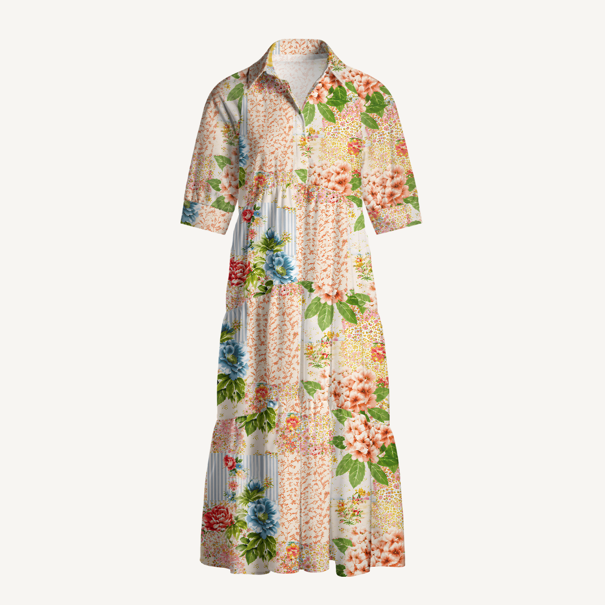 Vintage Cottage Garden Quilt Print Midi Dress For Women With Pockets