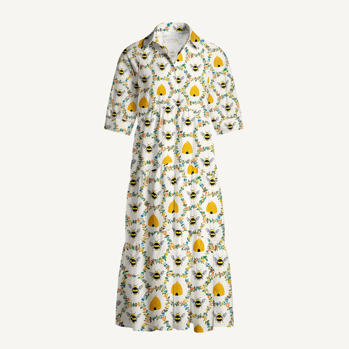 Bumblebee & Beehive Floral Garden Elbow-Length Sleeve Midi Dress