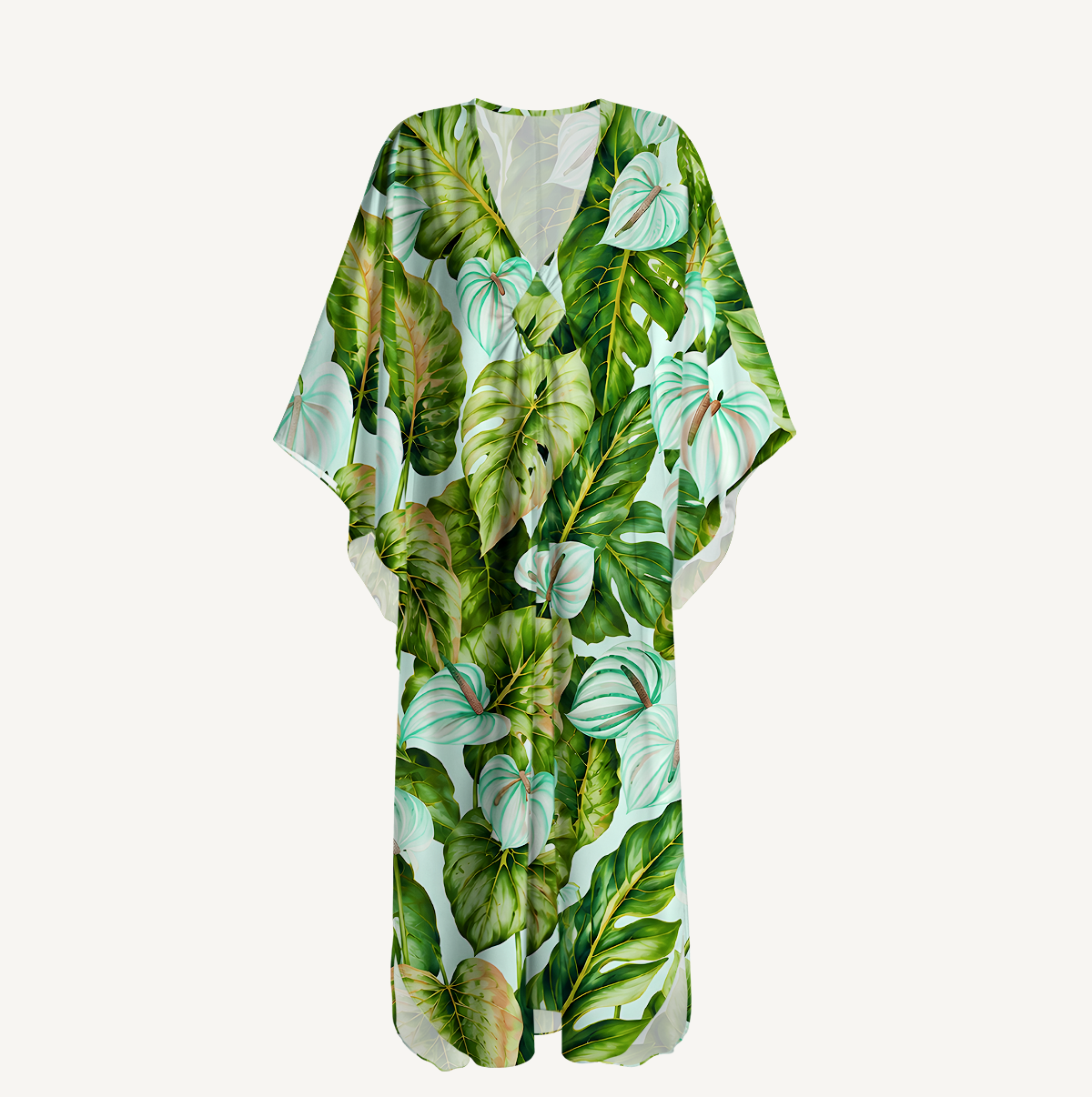 Tropical Rainforest Green Leaves Kimono Sleeve Kaftan Dress