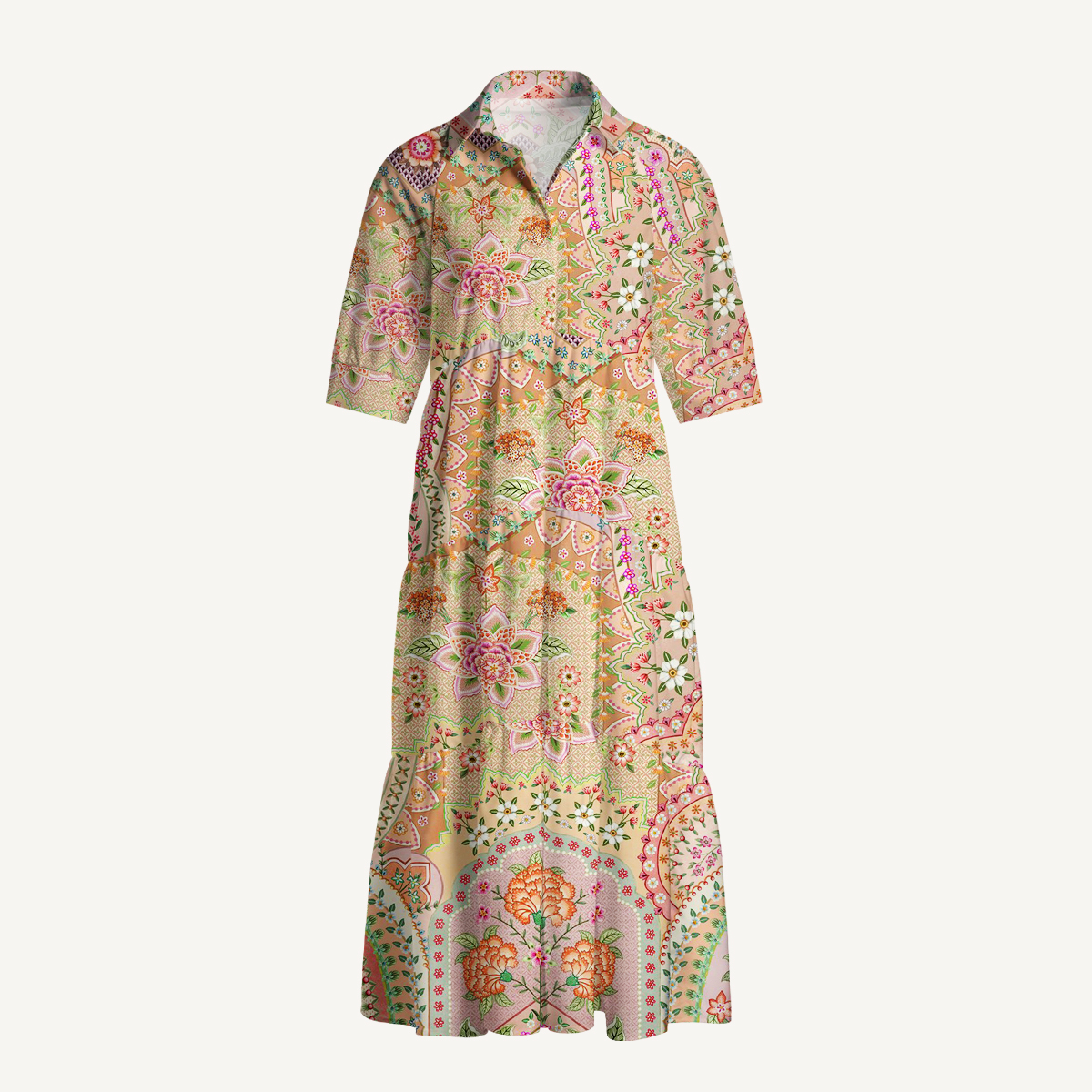 Patchwork Mandala Floral Elbow-Length Sleeve Midi Dress With Pockets