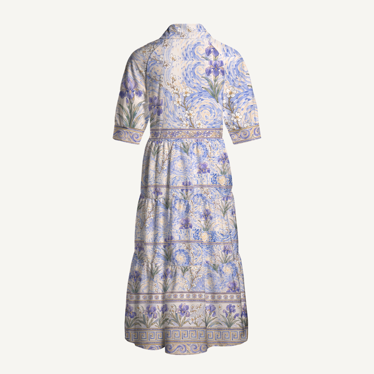 Starry Night Iris Flower Elbow-Length Sleeve Midi Dress For Women
