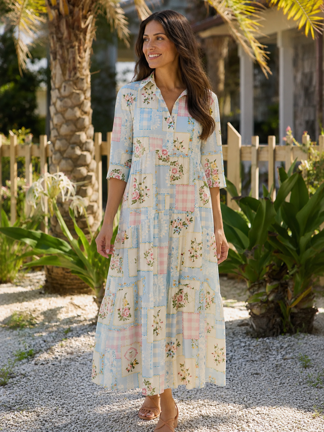 Blue Cottage Patchwork Floral Midi Dress For Women With Pockets