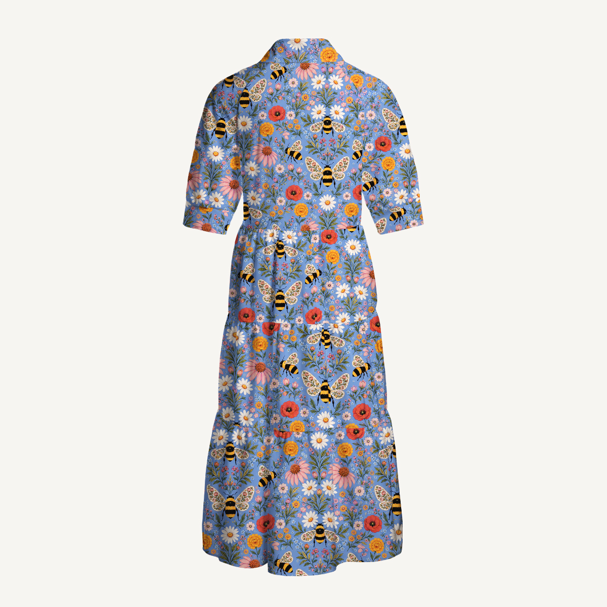 Whimsical Garden Bumblebee & Wildflower Elbow-Length Sleeve Midi Dress